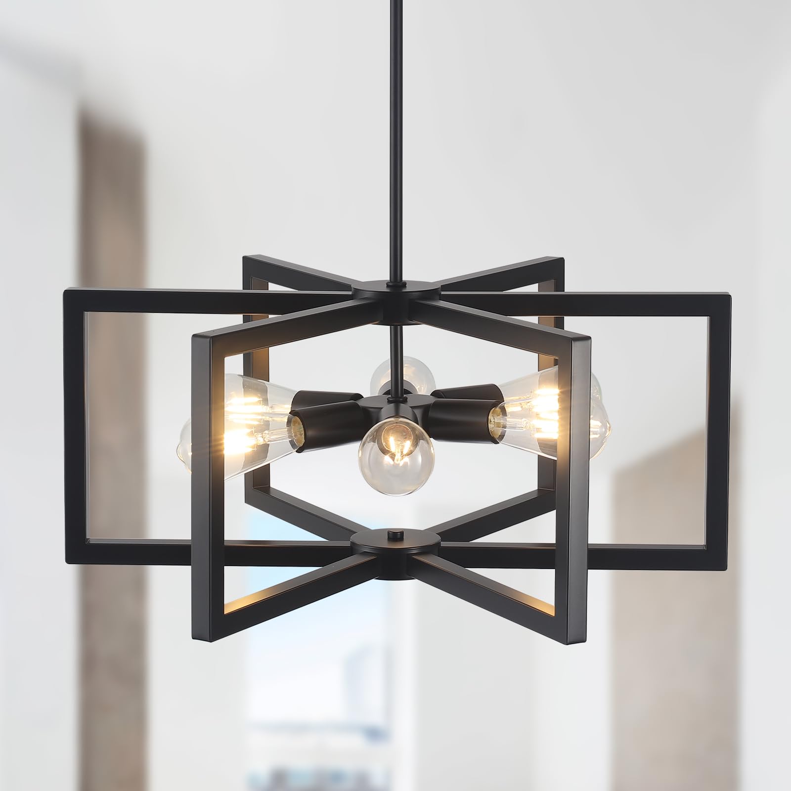 23.6“ Black Metal Farmhouse Chandelier 6-Light Geometric Pendant Lights Industrial Modern Light Fixture for Entryway Kitchen Island Living Room