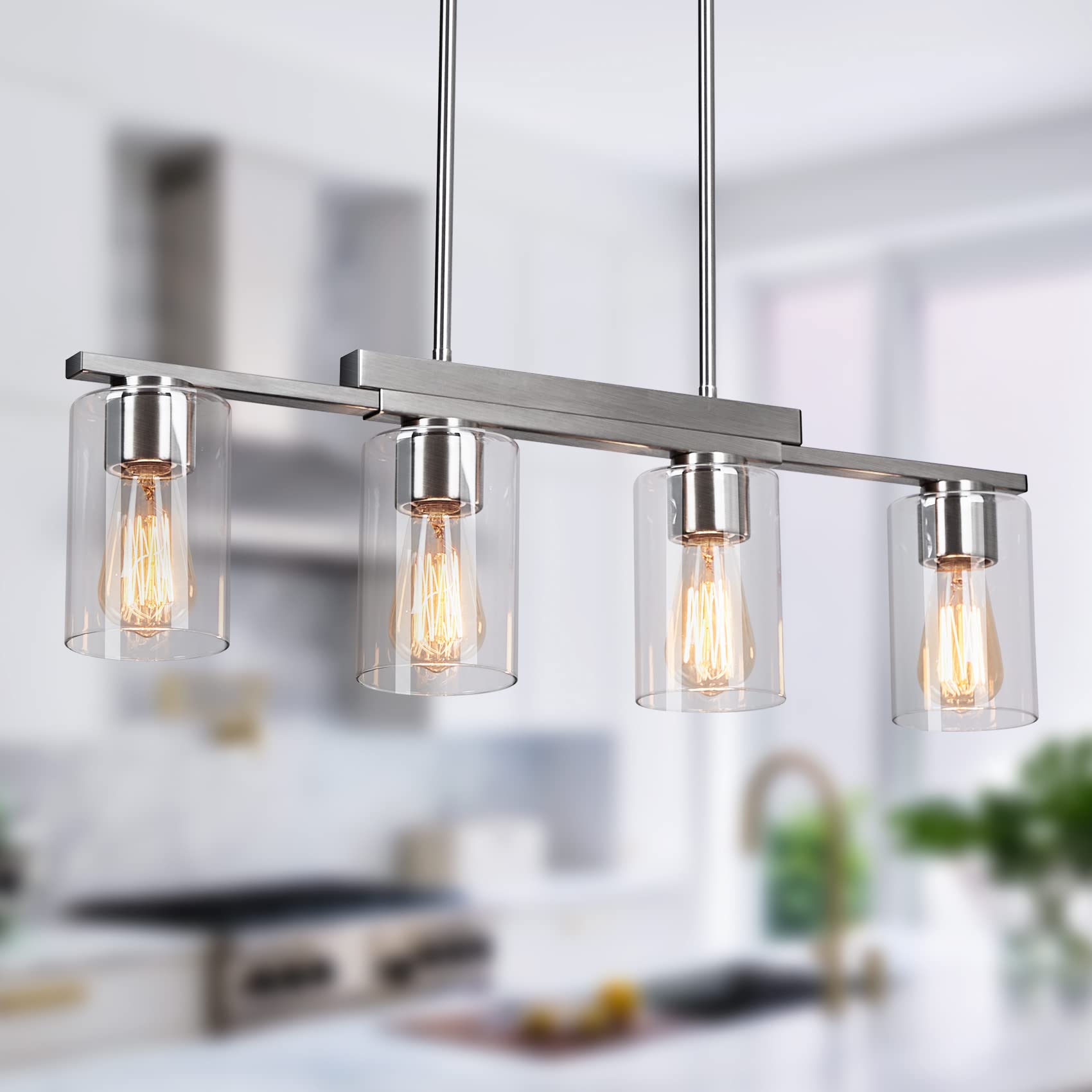 3 Lights Kitchen Island Lighting, Black Pendant Light Fixtures with Glass Shade Dining Room Light Fixture Adjustable Farmhouse Chandelier Modern Pendant Lights Ceiling Hanging Lighting E26 Base