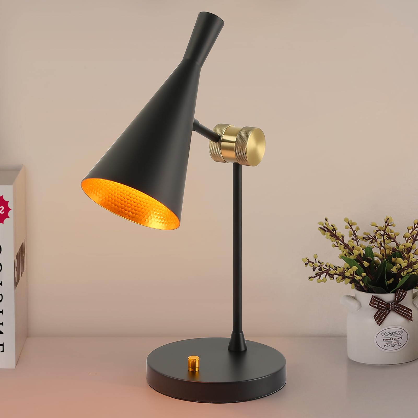 Vintage Industrial Table Lamp For bedroom, Adjustable Dimmable Desk Lamp, Brass Inner Shade Metal Table Lamp for Study, Home Office, Bedside, Nightstand, Reading Lamp Modern Mid-century, Black