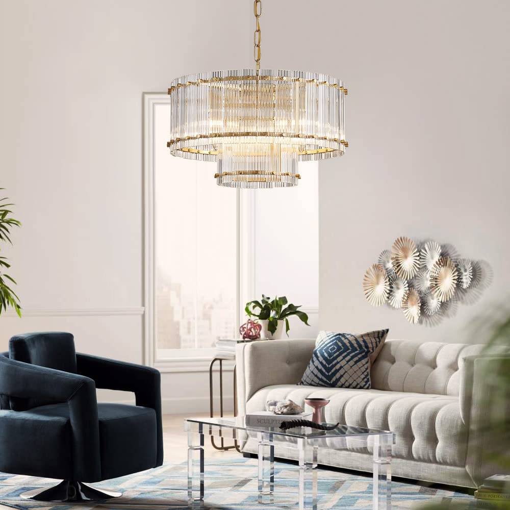 Saint Mossi 21032 Drum Chandelier Light Fixture, Doule Layer Middle Century Modern Design, with 5-Light, D18 x H10, Adjustable 59" Chains, Ripple Glass Shade & Gold Finish Metal Frame