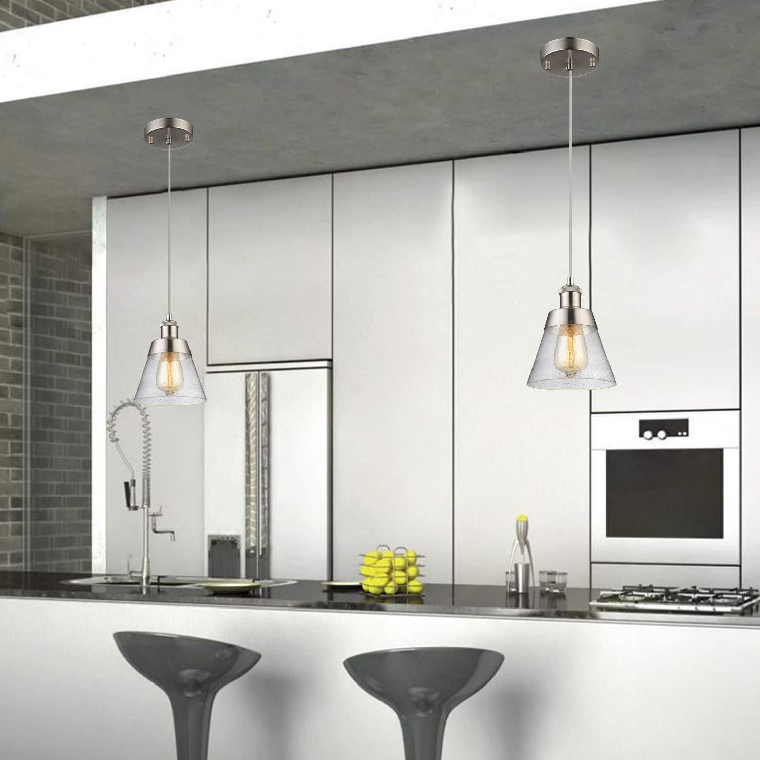 Modern Brushed Nickel Kitchen Island Lighting, Clear Seeded Glass Linear Chandelier, 3 Lights Pendant Light Fixture for Kitchen Island Dining Room