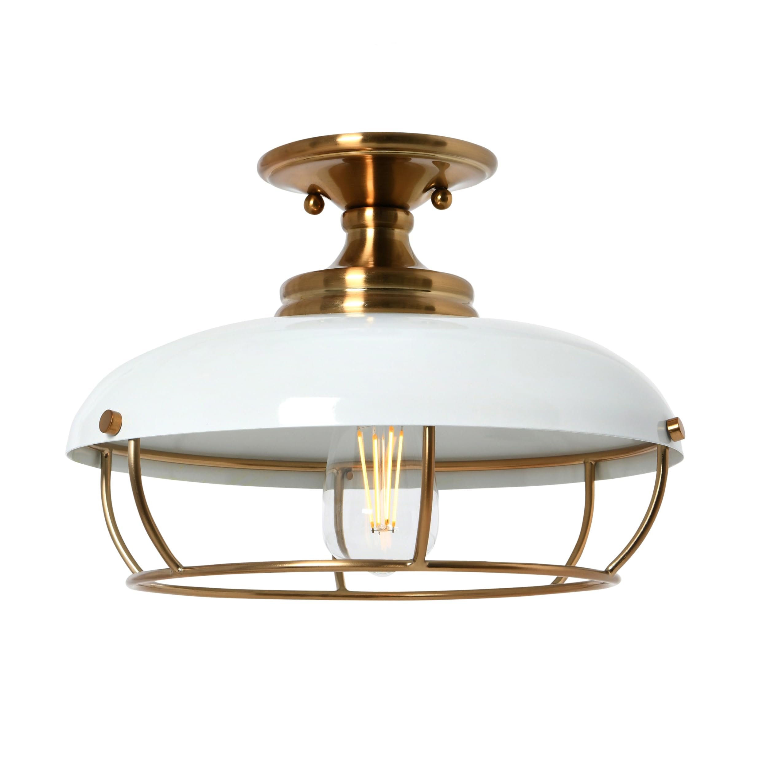 Caged Dome Metal Semi-Flush Mount Ceiling Light, Brushed Brass and Navy Blue