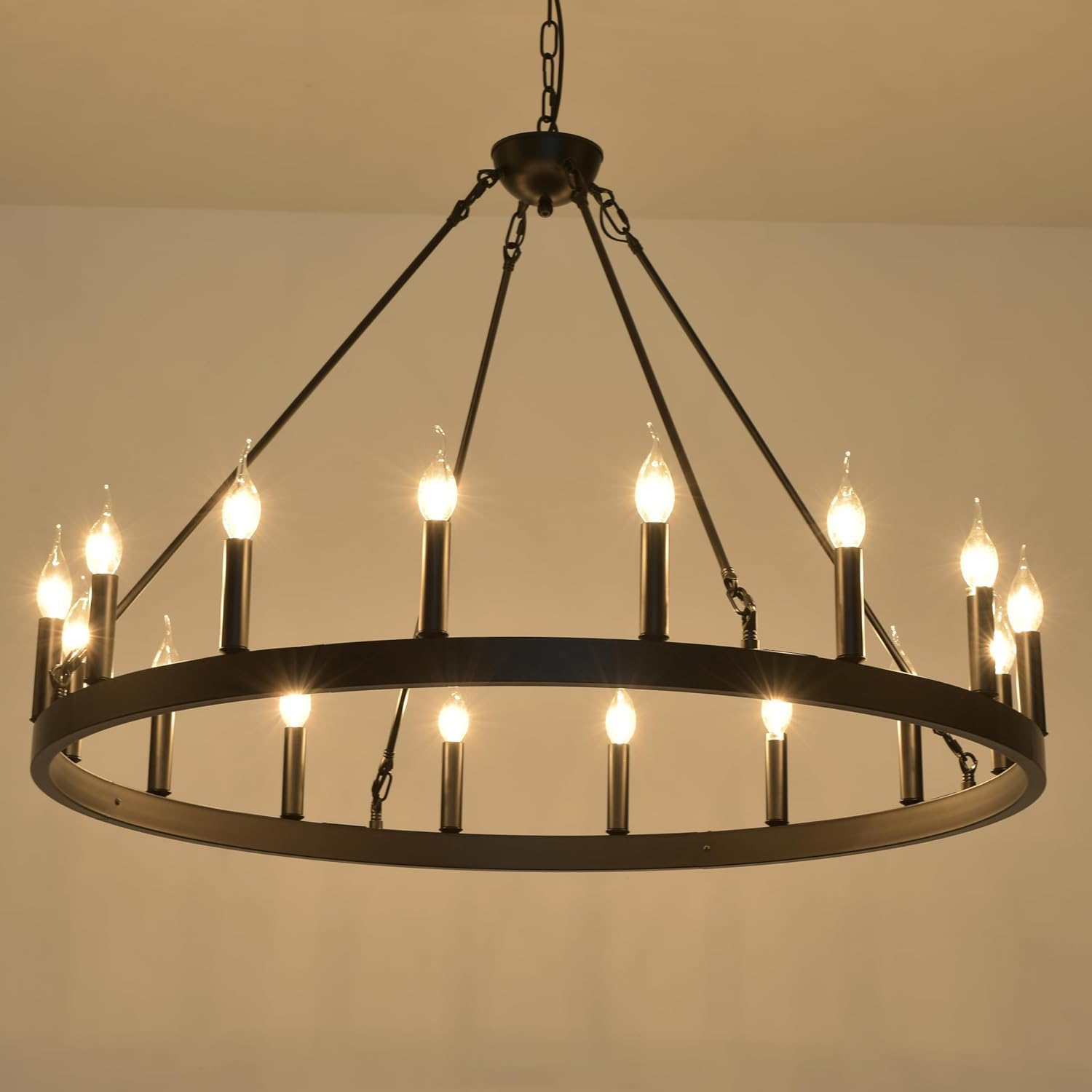 Wheel Chandelier 40-inch, 20-Light Black Farmhouse Style Wagon Wheel Chandelier Industrial Round Ceiling Light for High Ceilings Living Room Dining Room Foyer Entryway Outdoor Porch