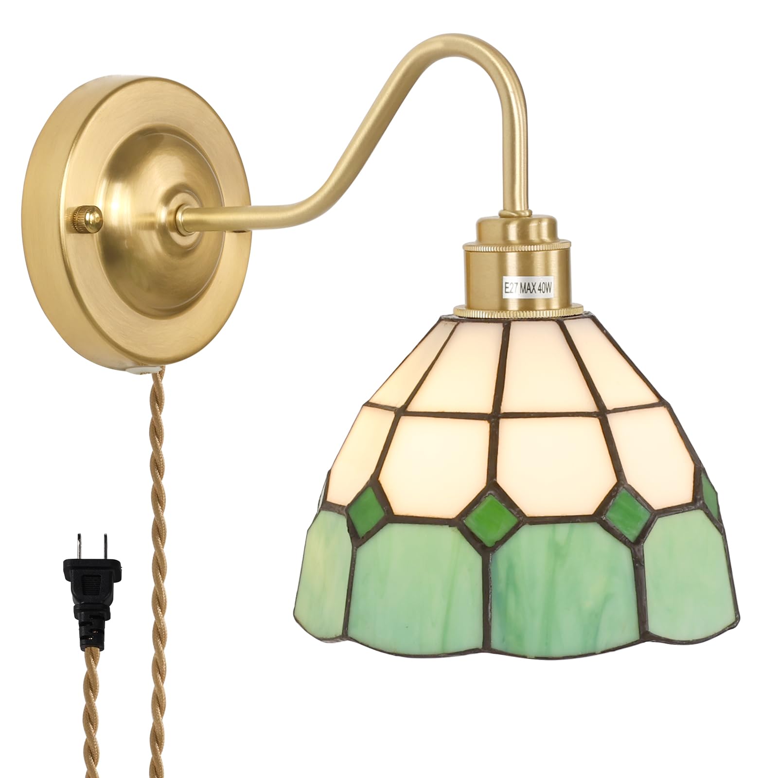 Wall Sconce, Wall Mounted Lamps with Green Checker Sconce, Stained Glass Shade Brass Wall Lights Fixture with Plug in Cord and Switch for Bedroom Bathroom Living Room Hallway