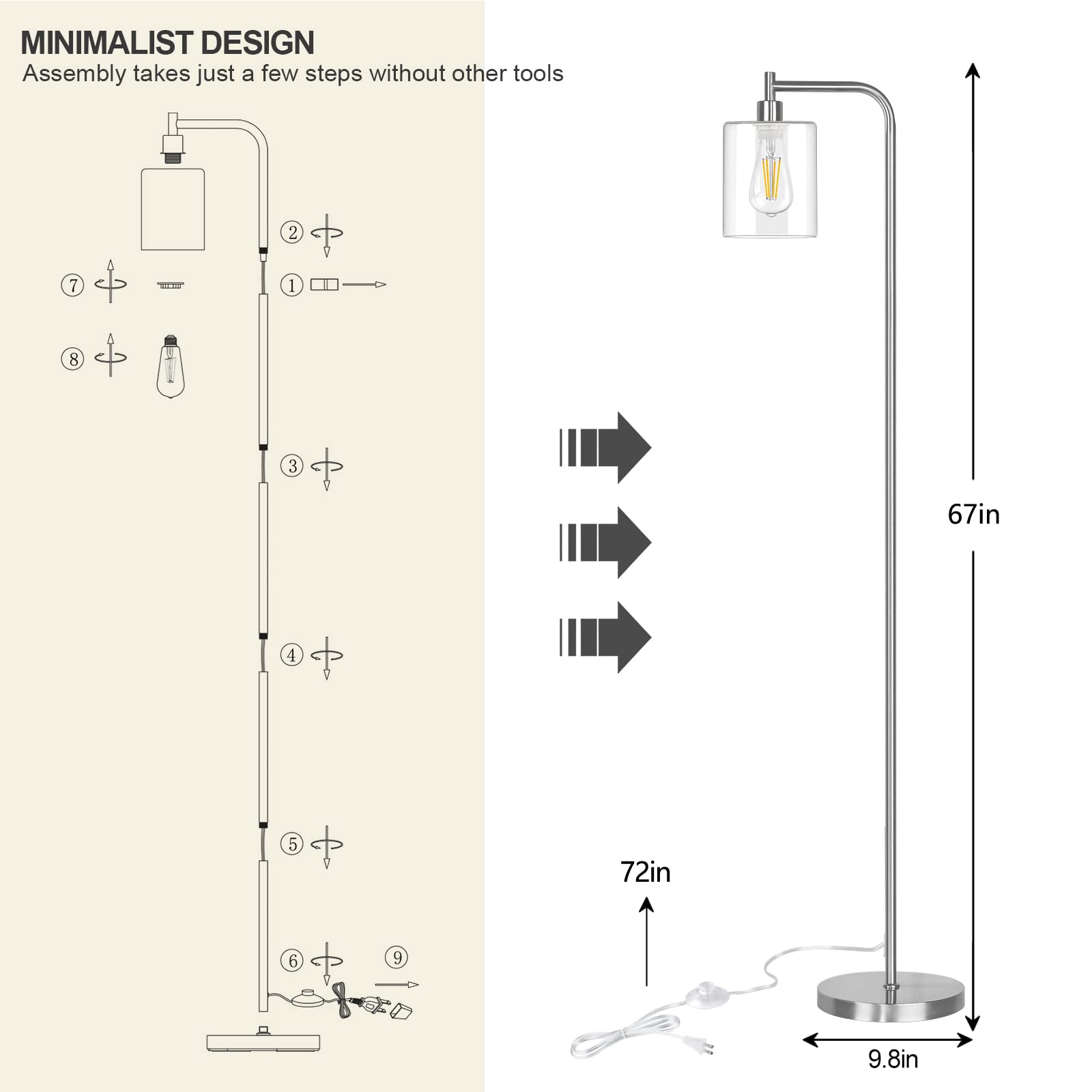 Industrial Floor Lamp for Living Room, Modern Standing Lamp with HD Glass Lampshade and Pedal Switch, 67” Tall Pole Light for Bedroom Study Room, Brushed Silver (2700K LED Bulb Included)