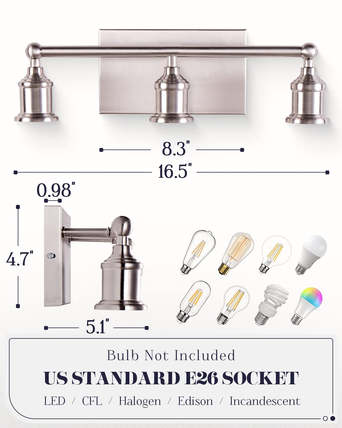 3-Light Vanity Light Fixture, Modern Brushed Nickel Wall Sconce Light Fixture, Industrial Bathroom Vanity Wall Lighting for Mirror, E26 Base Indoor Wall Lamps for Hallway(Bulb Not Included)