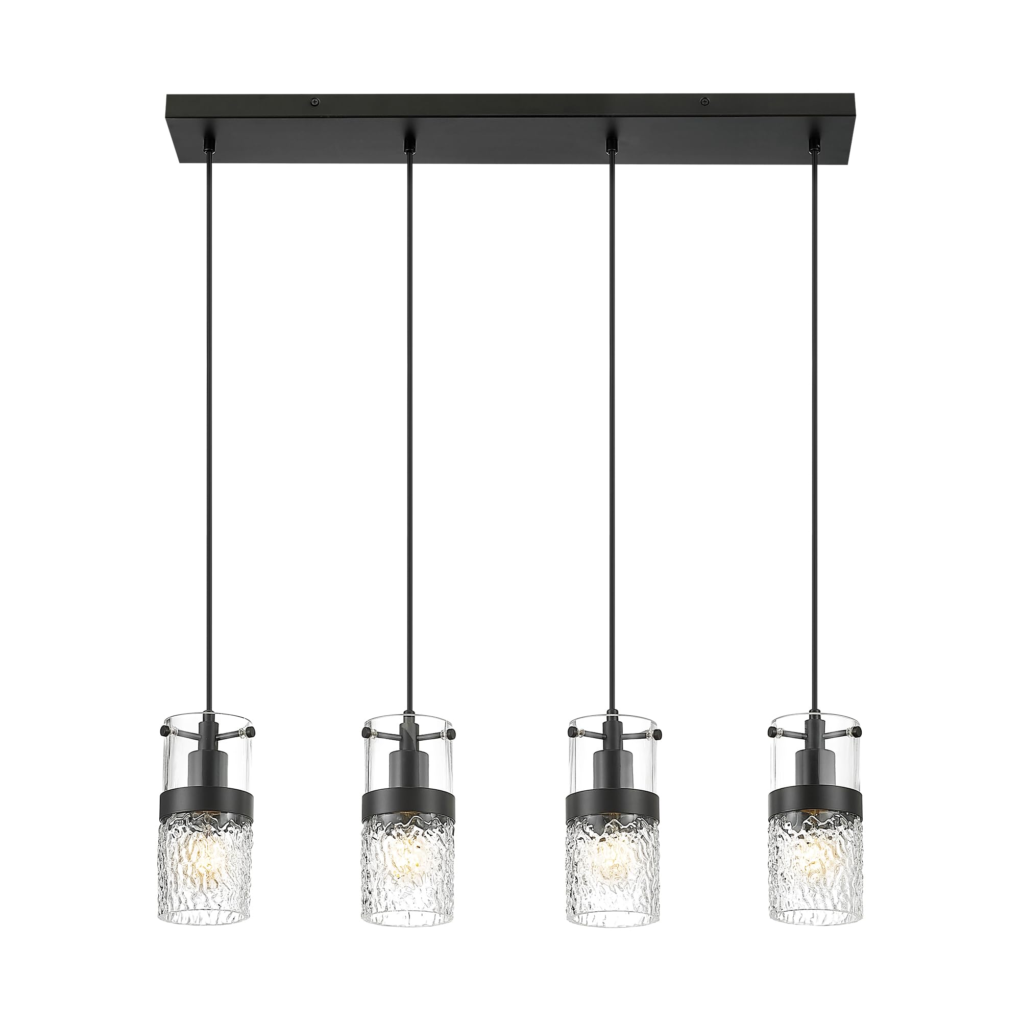 LMS 4-Light Island Lights, Farmhouse Light Fixtures with Hammered Glass Shade, Matte Black Linear Chandelier Pendant Lighting Over Table for Adjustable Height, Kitchen Island, LMS-171BK-4