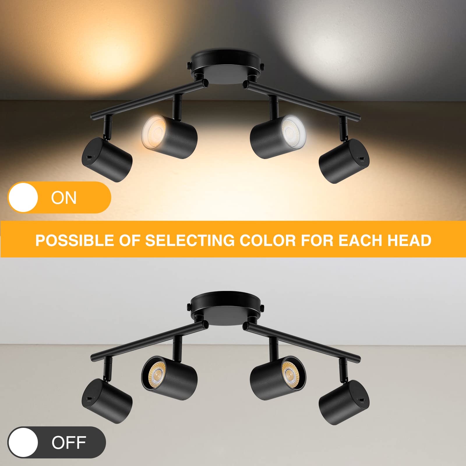 5-Color 4 Light LED Track Lighting Fixtures Ceiling for Kitchen, Dimmable Track Lighting Kit, Ceiling Spotlight Flush Mount Adjustable Directional Spot Lights Indoor, White CRI90 2400lm 30W