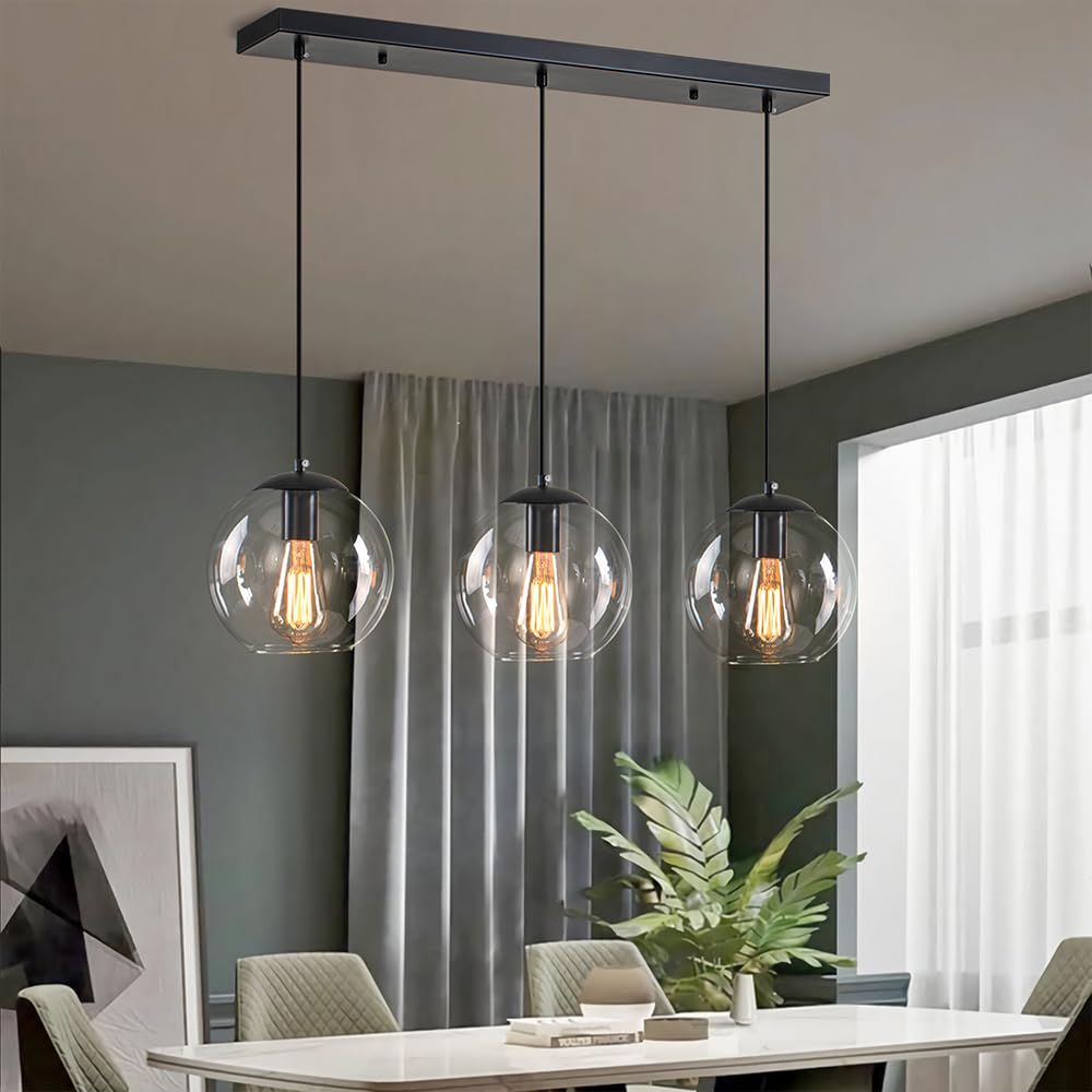 Globe Pendant Light, Modern Hanging Lighting Fixture, Classic Cluster Chandelier with Clear Glass Shades(Black, 3 Lights, 27.6 Inch)