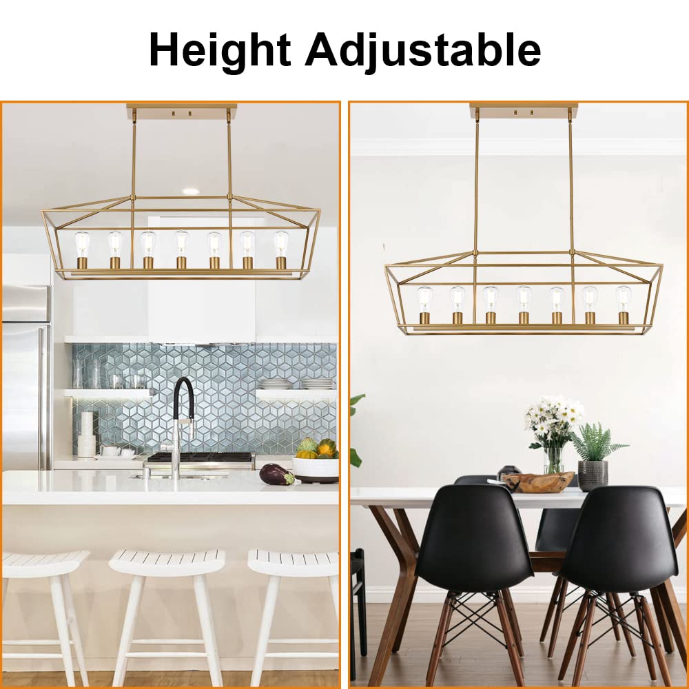 5 Light Modern Kitchen Island Light in Gold Finish,Industrial Hanging Pendant Lighting Fixture with Metal Frame Linear Lantern Chandelier for Dining Room Foyer Cafe Bar