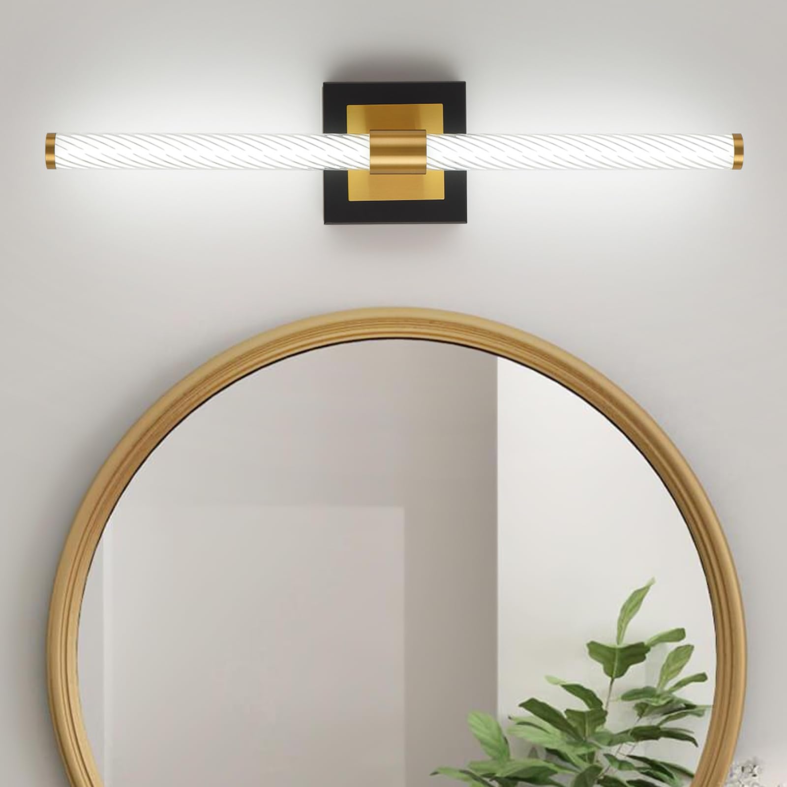 LED Vanity Light, 30inch Dimmable Bathroom Light Fixtures Over Mirror, 15W 6000K Black and Gold Modern Linear Vanity Lights, 360°Sconces Wall Lighting Bar(White Light)