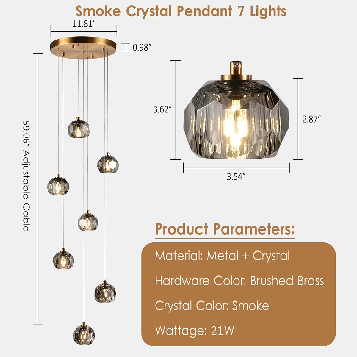 3-Light Prism Crystal Pendant Light, Modern Smoke Crystal Pendant Light Fixtures 9W, Triple Pendant Round Ceiling Pendant Lighting for Dining Room Kitchen Island