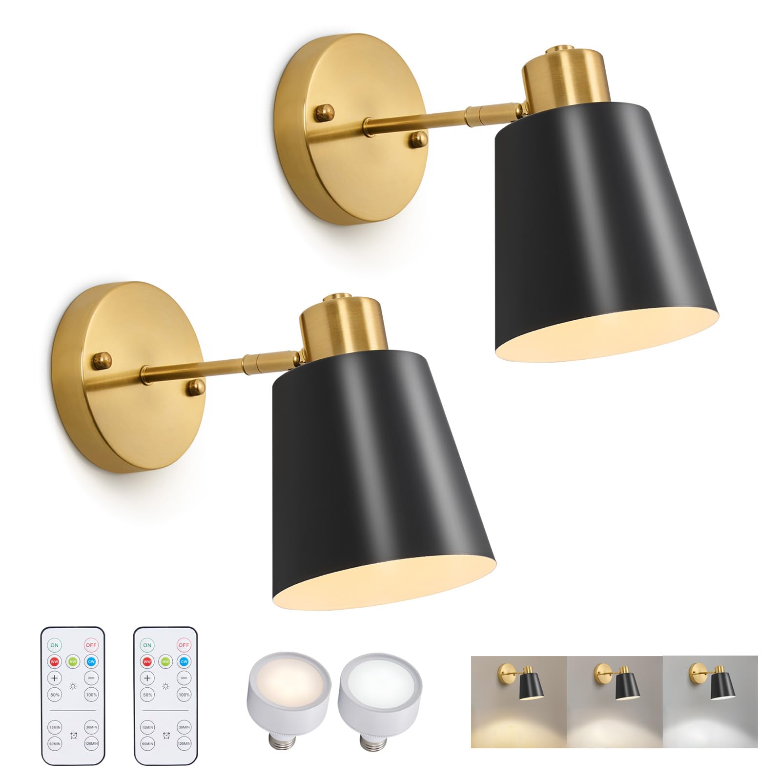 2 Pack Gold Magnetic Wireless Battery Operated Wall Sconces, Dimmable Battery Powered Wall Decor Set of 2, Cordless Indoor Wall Light Lamp with Remote Control for Bedroom Living Room