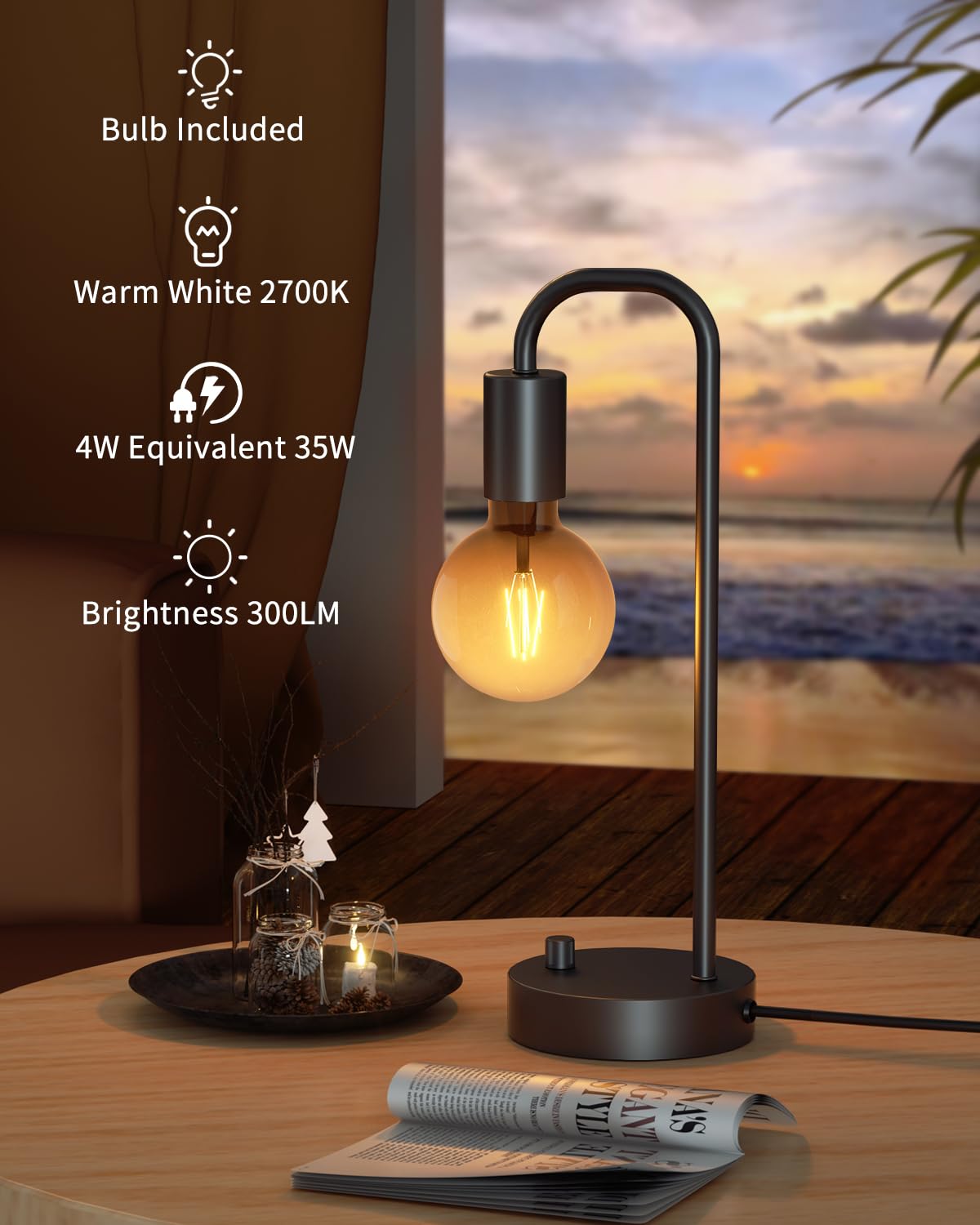 Industrial Table Lamp for Bedroom, Fully Dimmable Modern Bedside Lamps with 2700K Warm Light Bulb for Kids Reading, Minimalist Nightstand Lamps for Living Room, Office (Bulb Included)