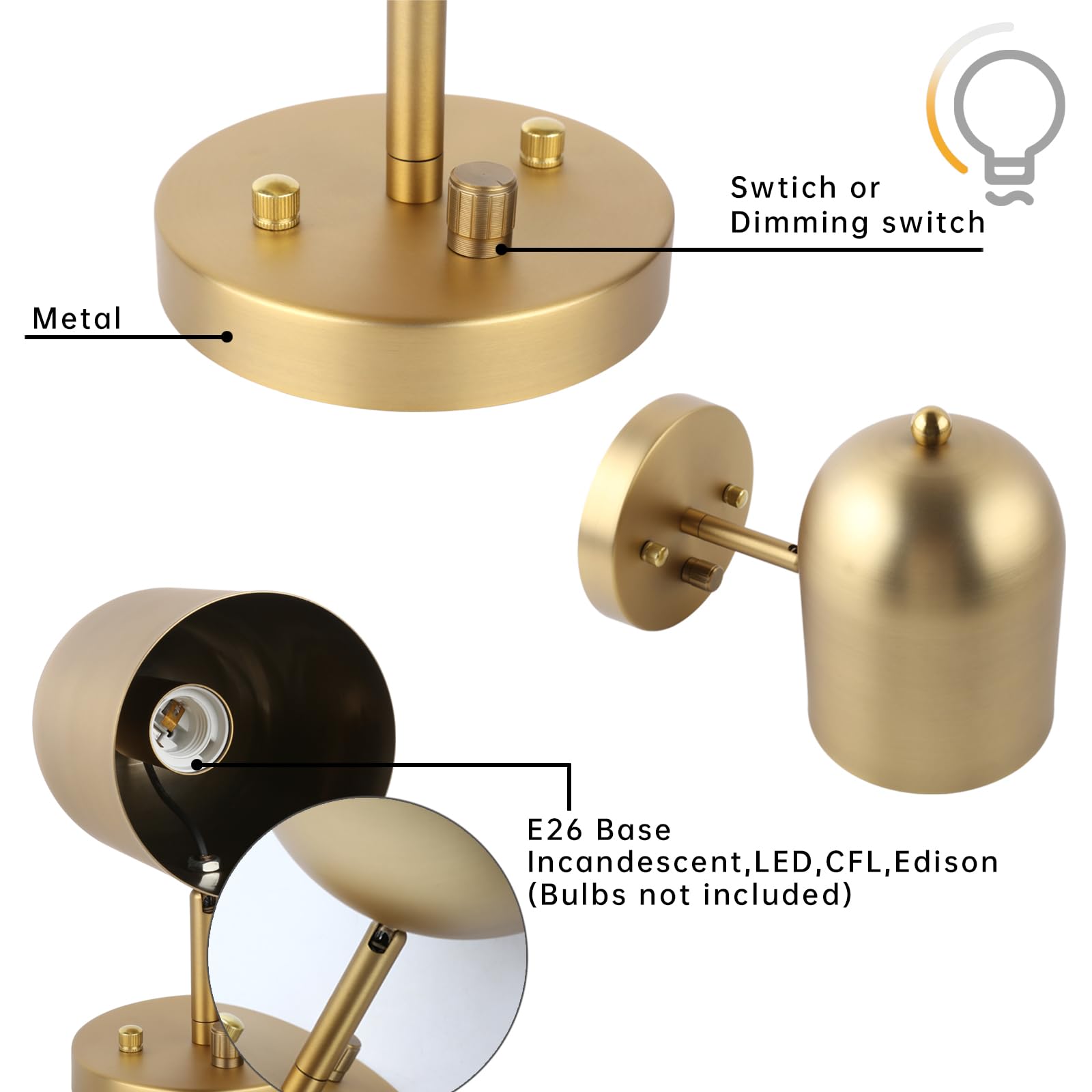 Set of 2 Modern Wall Sconce Dimmer Switch, Brass Finish Wall Light Lamp Adjustable Light Angle Wall Vanity Lighting, E26 Bulb Base Reading Lighting Decor for Bedroom Hallway Living Room