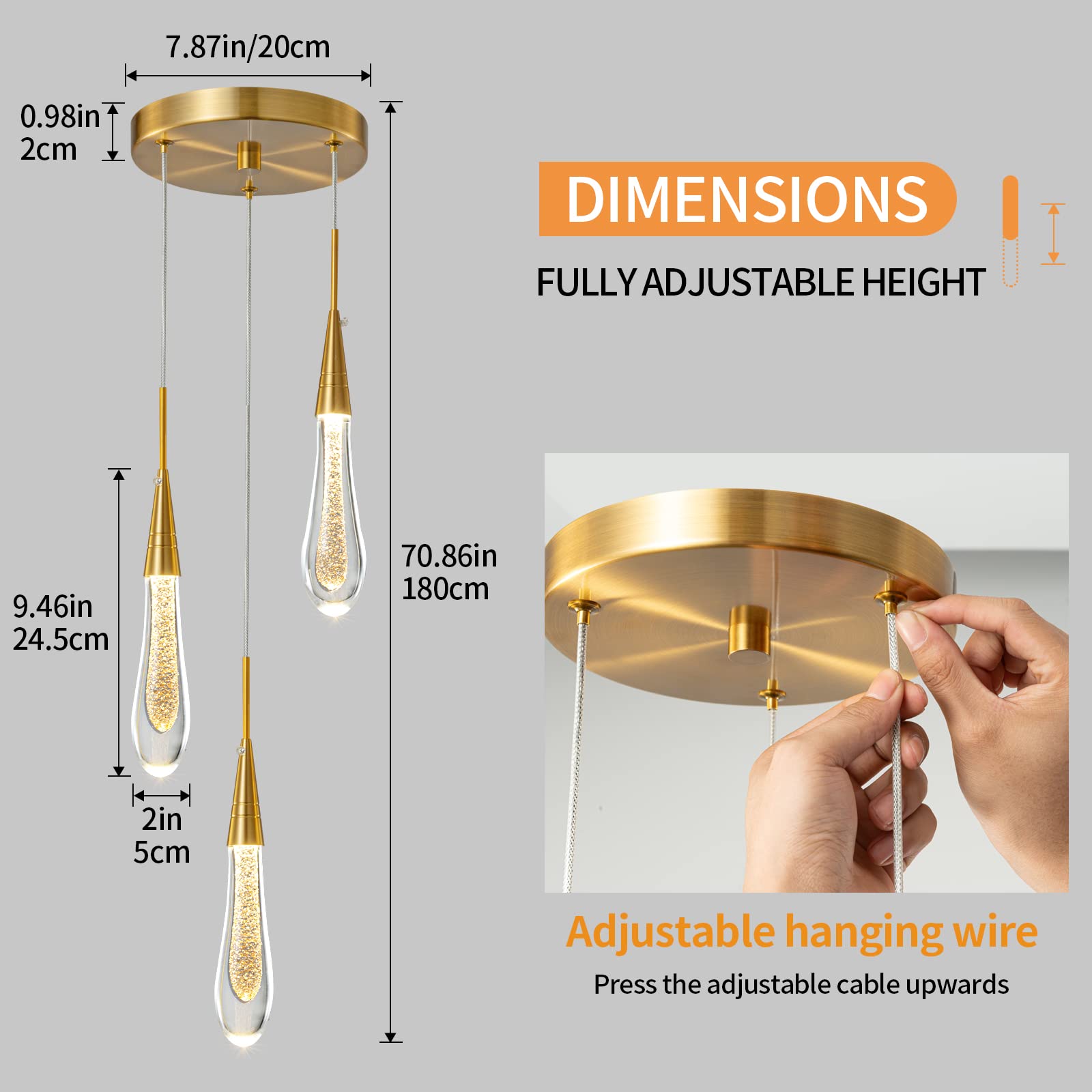 Kitchen Light Fixtures Ceiling Dimmable LED Modern Gold Pendant Light Mini Teardrop Crystal Pendant Light for Kitchen Island Bedroom Hallway Entryway (5-Light)