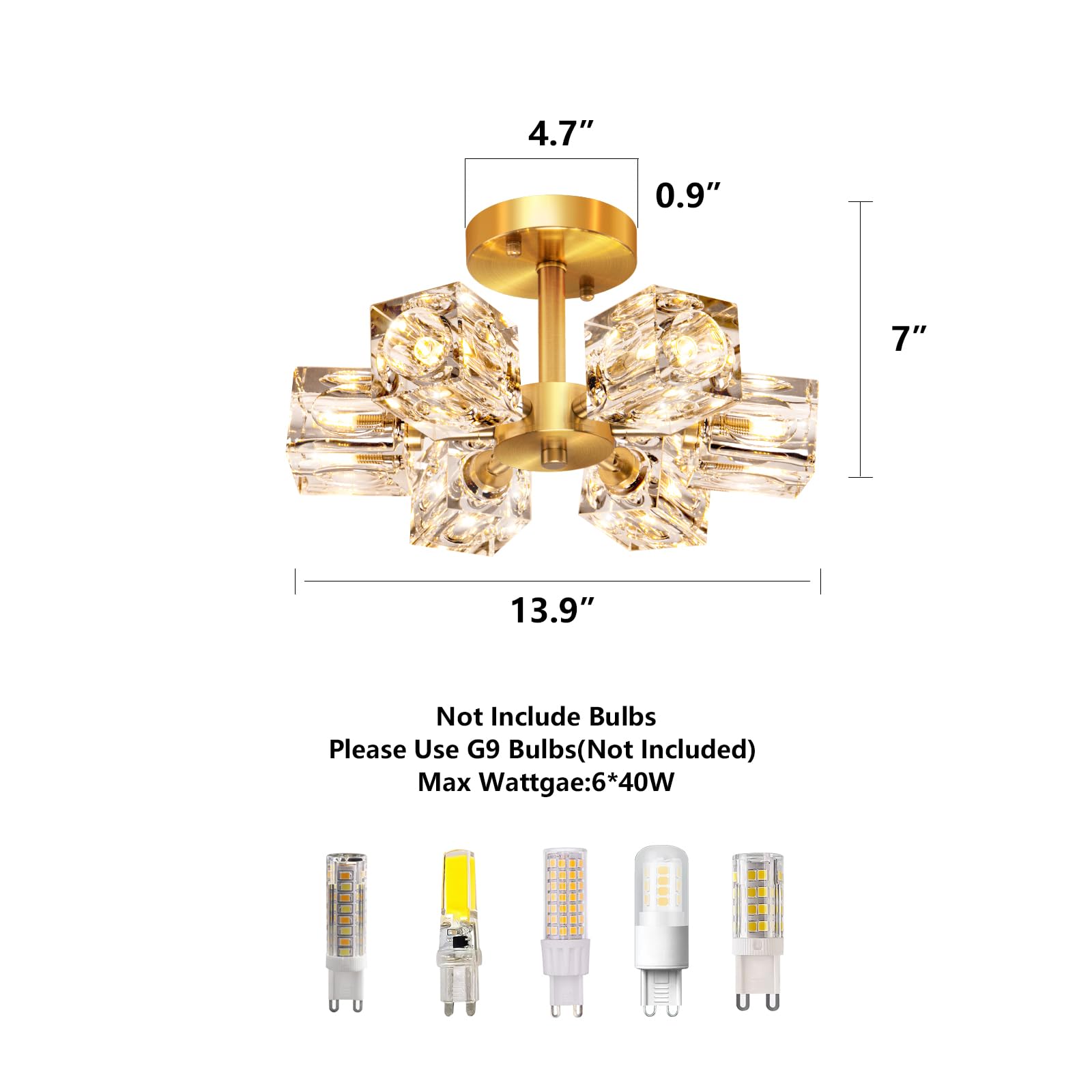 Semi Flush Mount Ceiling Light Fixture Modern 6 Lights Gold Crystal Chandelier,Brushed Nickel Sputnik Chandeliers for Hallway Entryway Bedroom Dining Room Farmhouse Kitchen Office