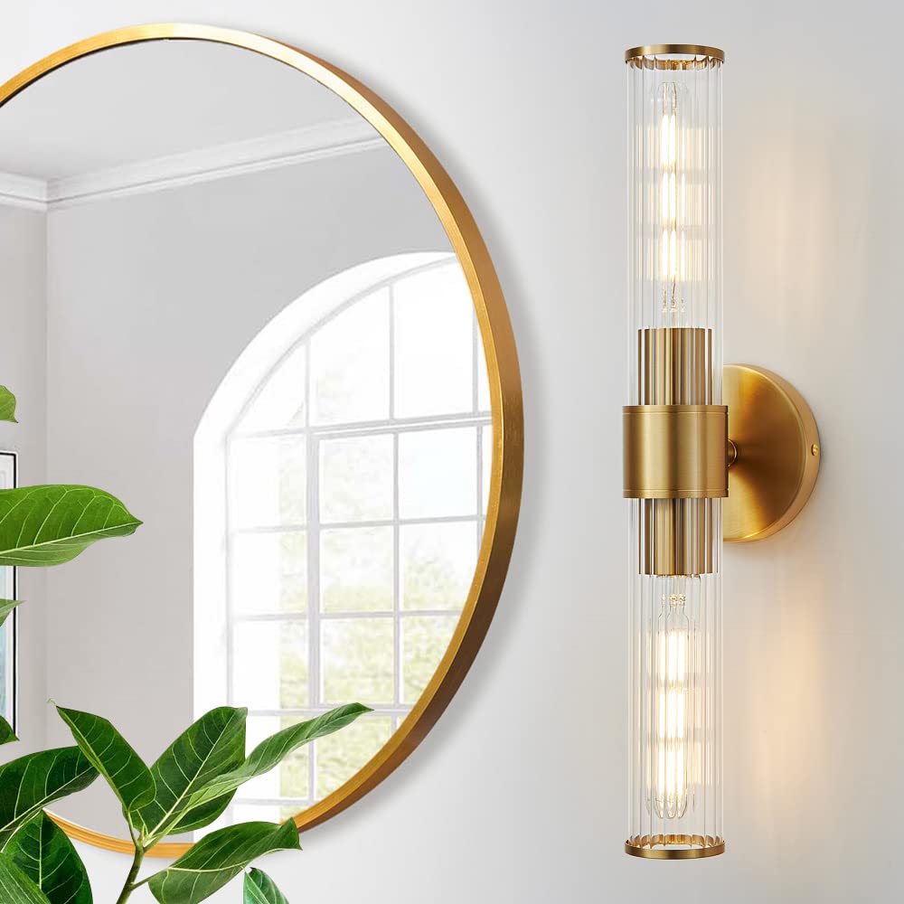 Gold Wall Sconce, Bathroom Light Fixtures in Clear Glass Indoor Wall Sconces, Modern Sconce Wall Lighting Up and Down Vanity Lights Fixtures for Bathroom,Living Room,Hallway, Kitchen