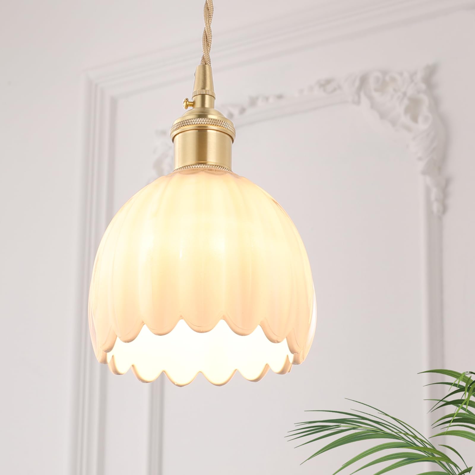 Pendant Light with White Pleated Ceramic Lmapshade, Brass Vintage Pendant Light Adjustable Hanging Light for Kitchen Island Dining Room Hallway 7.87 Inch Diam