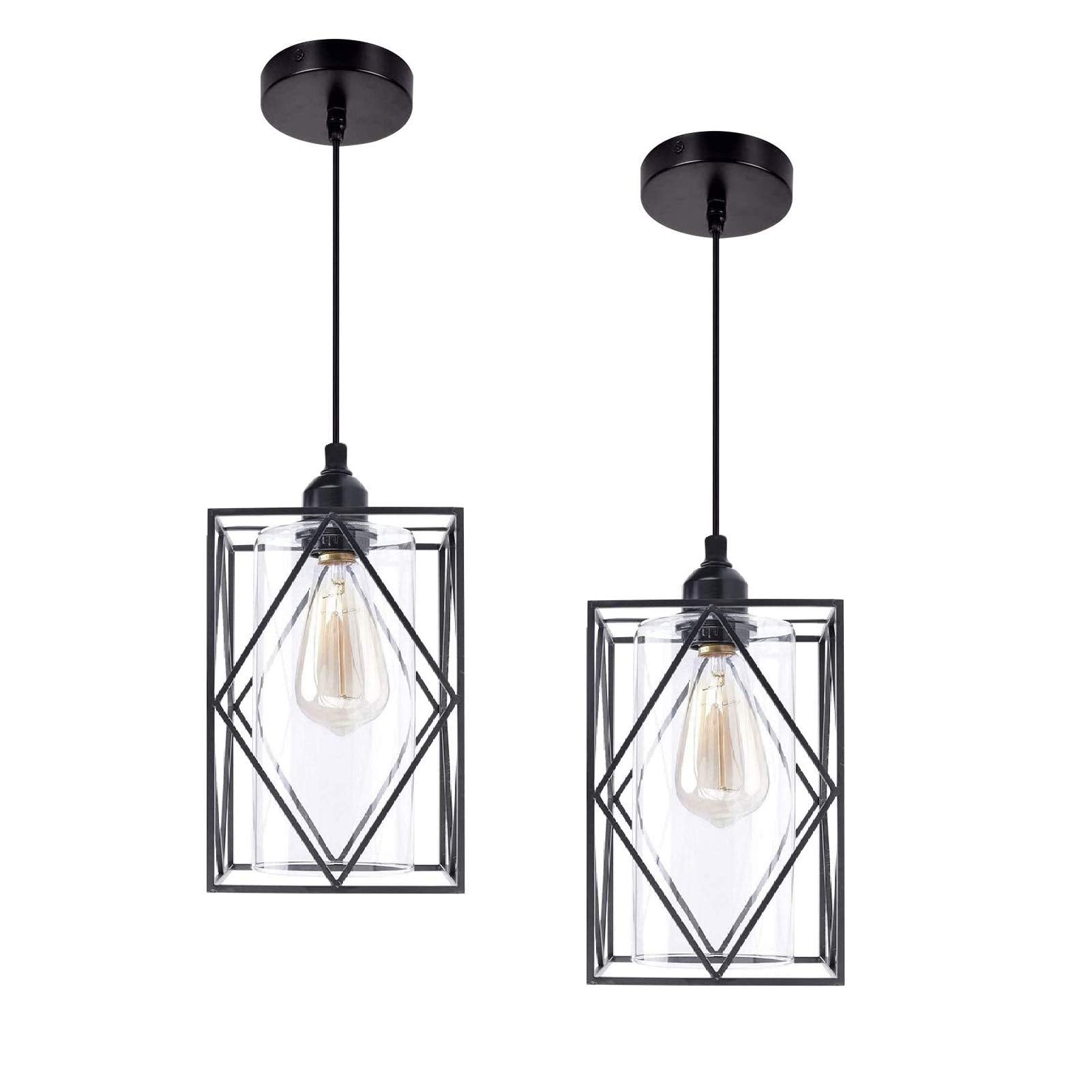 Farmhouse Pendant Light Fixtures, Set of 2 Black Farmhouse Hanging Chandelier Lights with Glass Shade, Mini Industrial Ceiling Lamp for Kitchen Island Dining Room Over Sink Hallway Bedroom