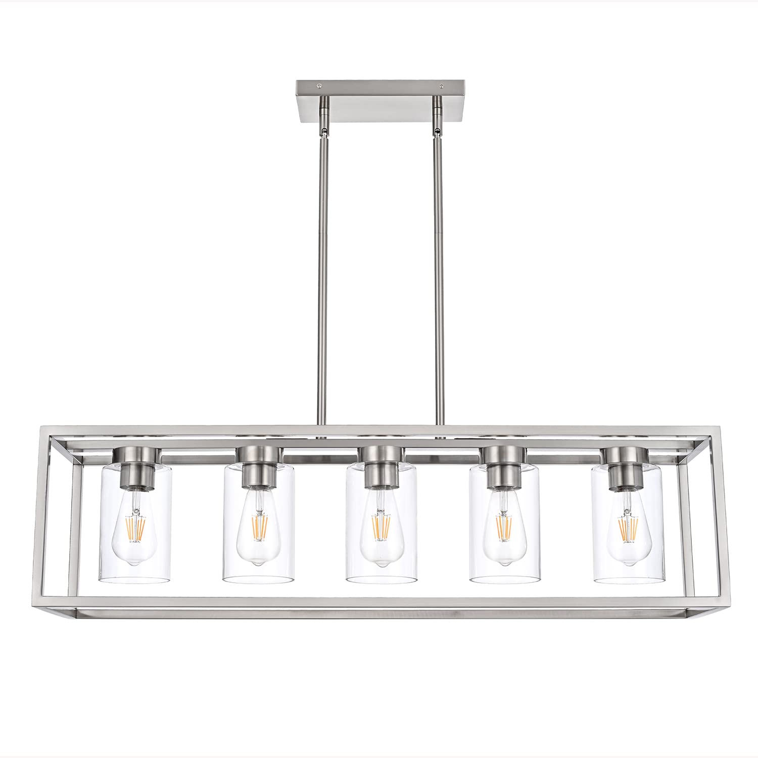 Farmhouse Chandelier for Kitchen Island, Matte Black 5-Light Dining Room Lighting Fixtures, Modern Rectangular Pendant Lighting Chandelier with Clear Glass Shade