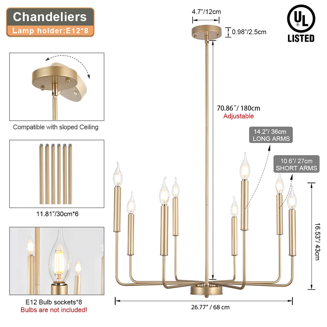 Modern Gold Chandelier, 12-Light Rustic Farmhouse Chandelier, Metal Industrial Candle Chandeliers for Dining Room, Kitchen, Foyer, Entryway, Living Room