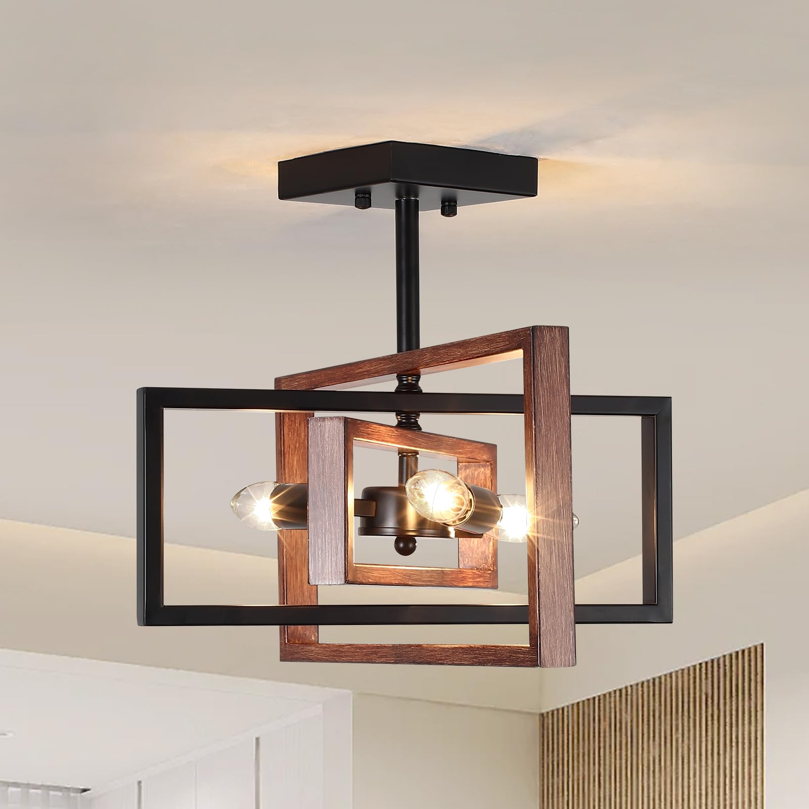 3-Lights Industrial Rectangle Semi Flush Mount Light Fixture,Black Vintage Ceiling Light Fixtures with Metal Square Frame Modern Chandelier for Kitchen Living Room Bedroom Hallway Entryway