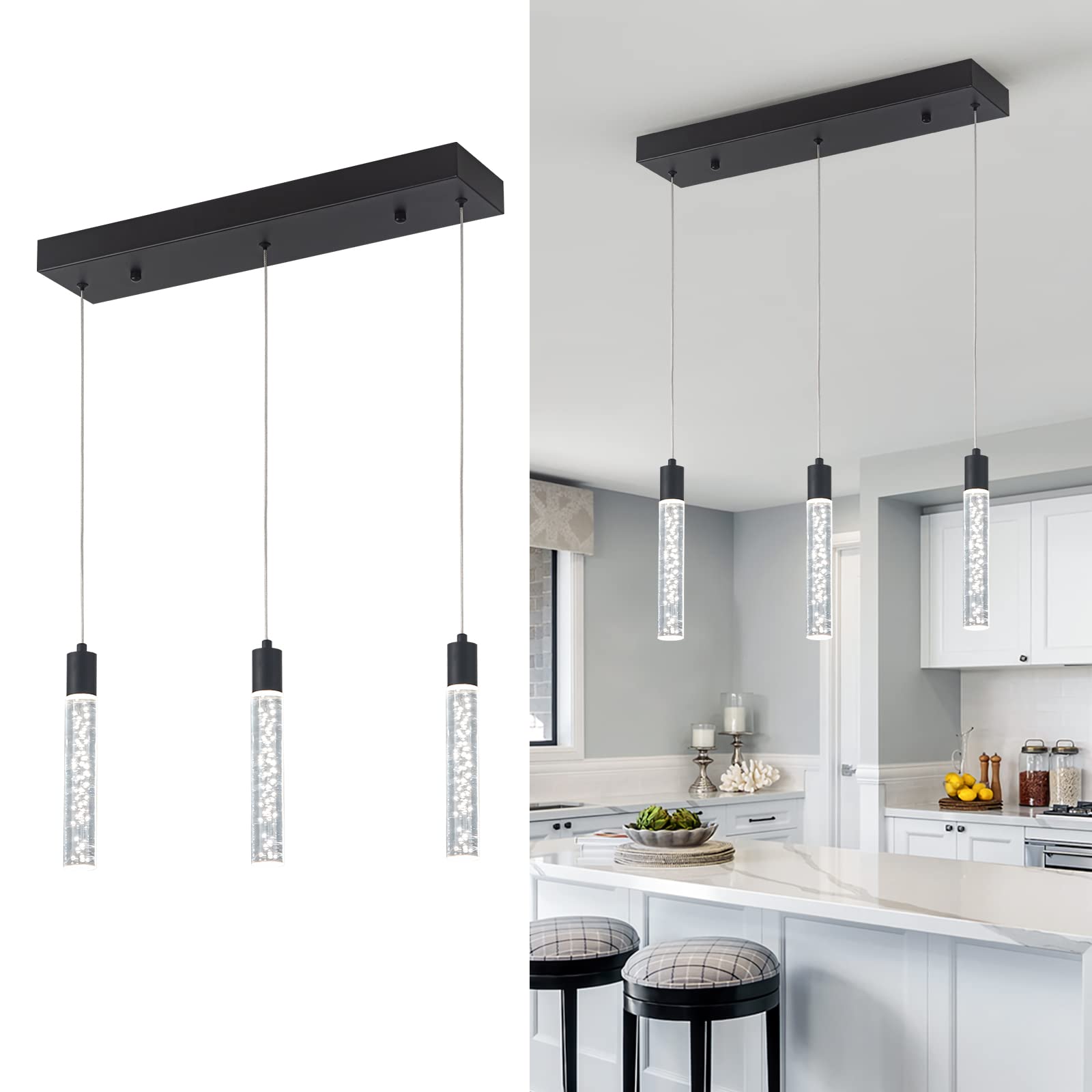 Modern Pendant Lighting 5-Light Linear Chandeliers Dimmable LED Pendant Lights Kitchen Island Lighting with Matte Black Finish and Acrylic Shades for Kitchen Island and Dining Room…