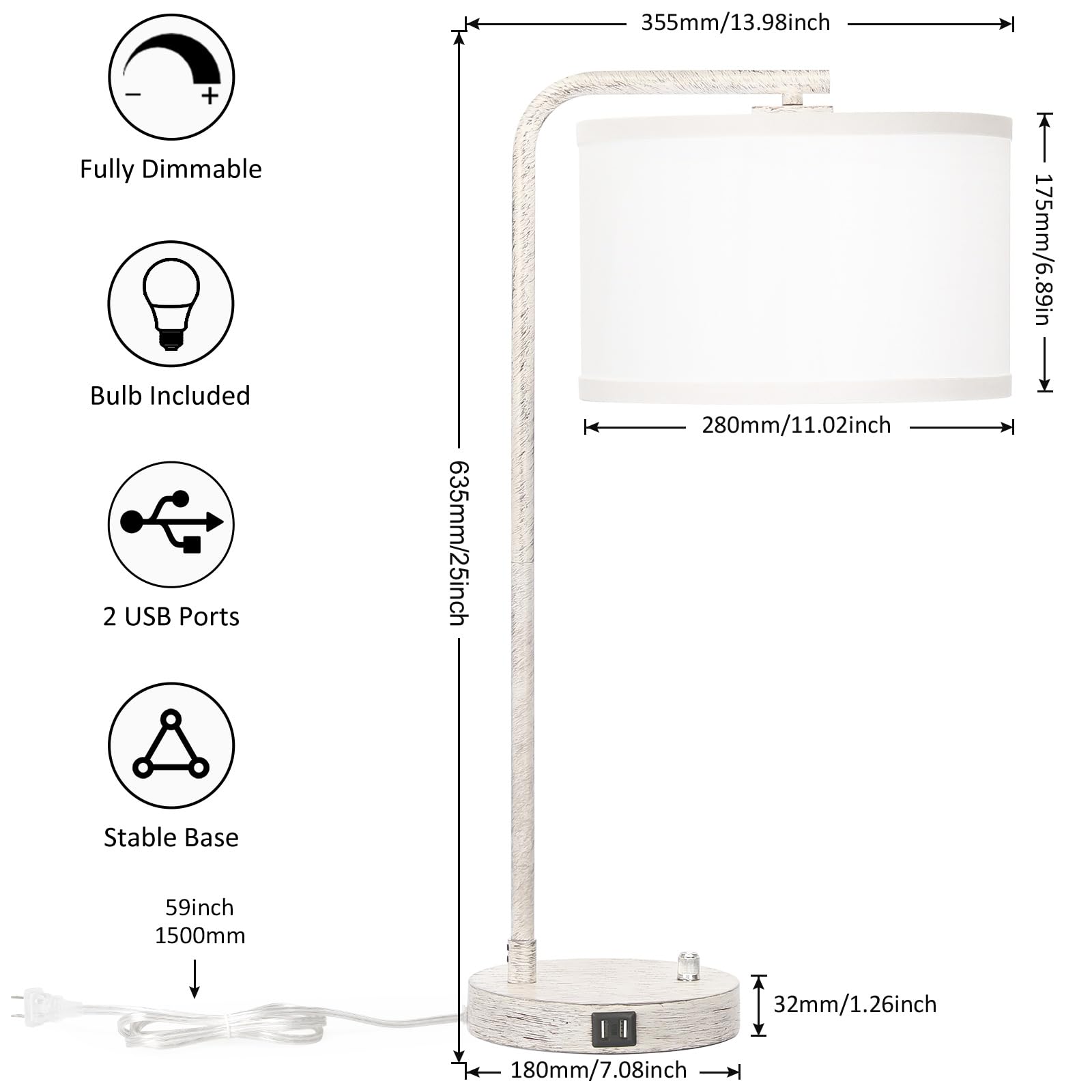 USB Bedside Lamp, Industrial Side Table Lamp with Dual USB Charging Ports, Fully Dimmable Nightstand Lamp, Tall Reading Lamp Desk Lamp for Bedroom, Living Room, Office, 9W LED Bulb Included