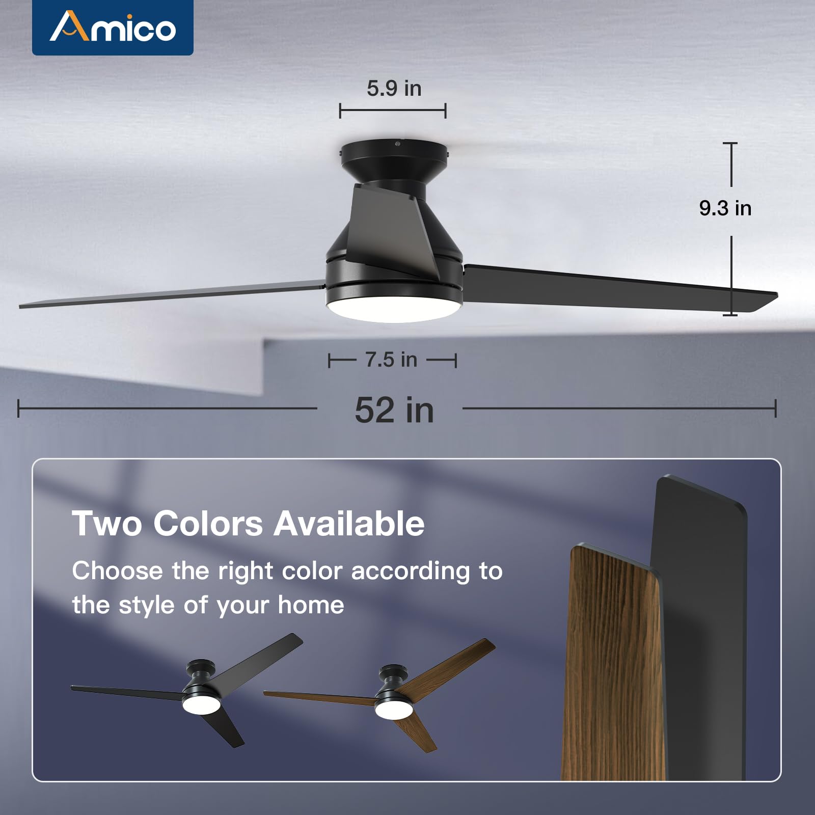 Ceiling Fans with Lights, 42 inch Low Profile Ceiling Fan with Light and Remote Control, Flush Mount, Reversible, 3CCT, Dimmable, Noiseless, Black Ceiling Fan for Bedroom, Indoor/Outdoor Use