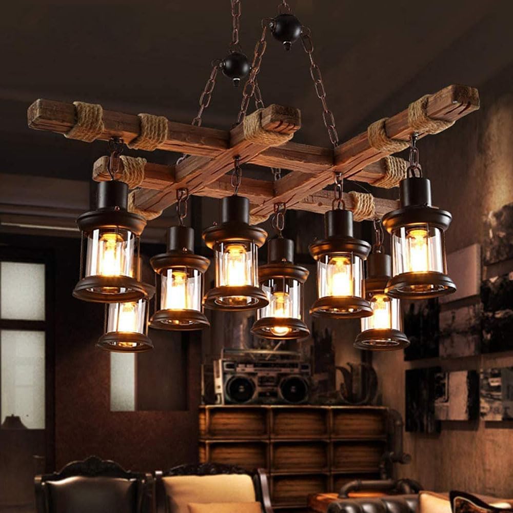 8 Lights Industrial Retro Wooden Chandelier Pendant Light Island Hanging Ceiling Fixture Vintage Farmhouse Wood Light Adjustable Chain for Home Cafe Bar Restaurant (39.4")