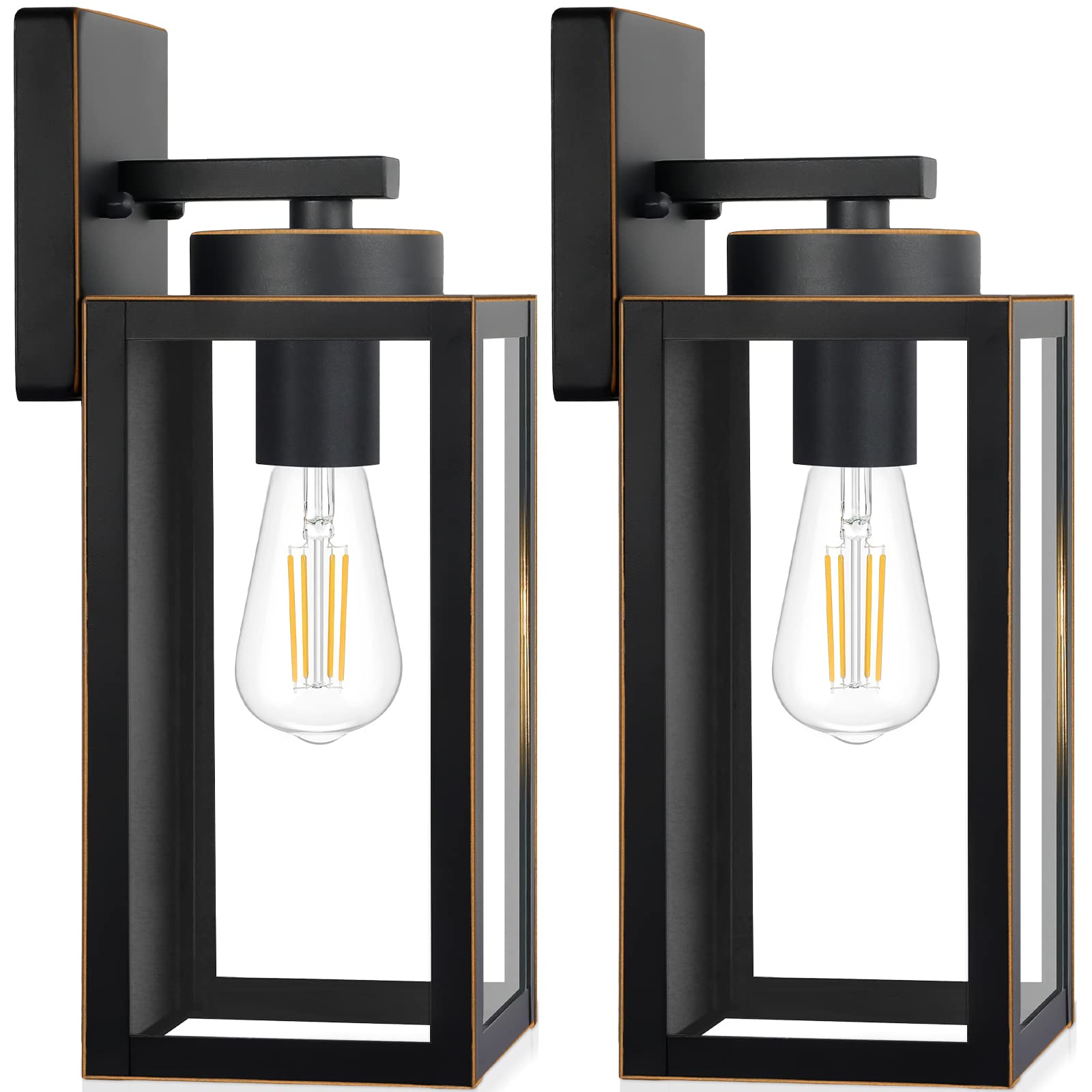 Outdoor Wall Light Fixtures, Exterior Waterproof Lanterns, Porch Sconces Wall Mounted Lighting with E26 Sockets & Glass Shades, Modern Matte Black Wall Lamps for Patio Front Door Entryway, 2-Pack