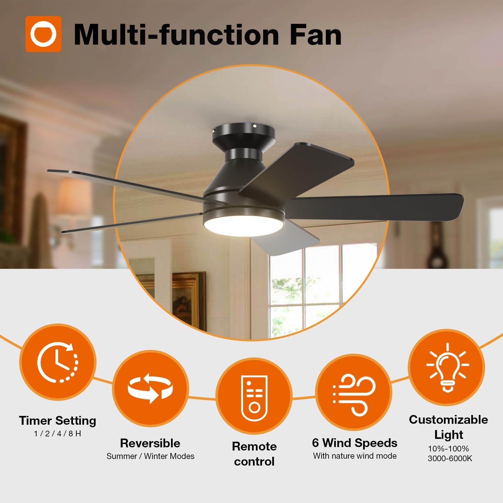 Ceiling Fans with Lights, 42 Inch Low Profile Ceiling Fan with Light and Remote Control, Flush Mount, Reversible, 3CCT, Dimmable, Quiet, Black Small Ceiling Fan for Bedroom Indoor/Outdoor Use