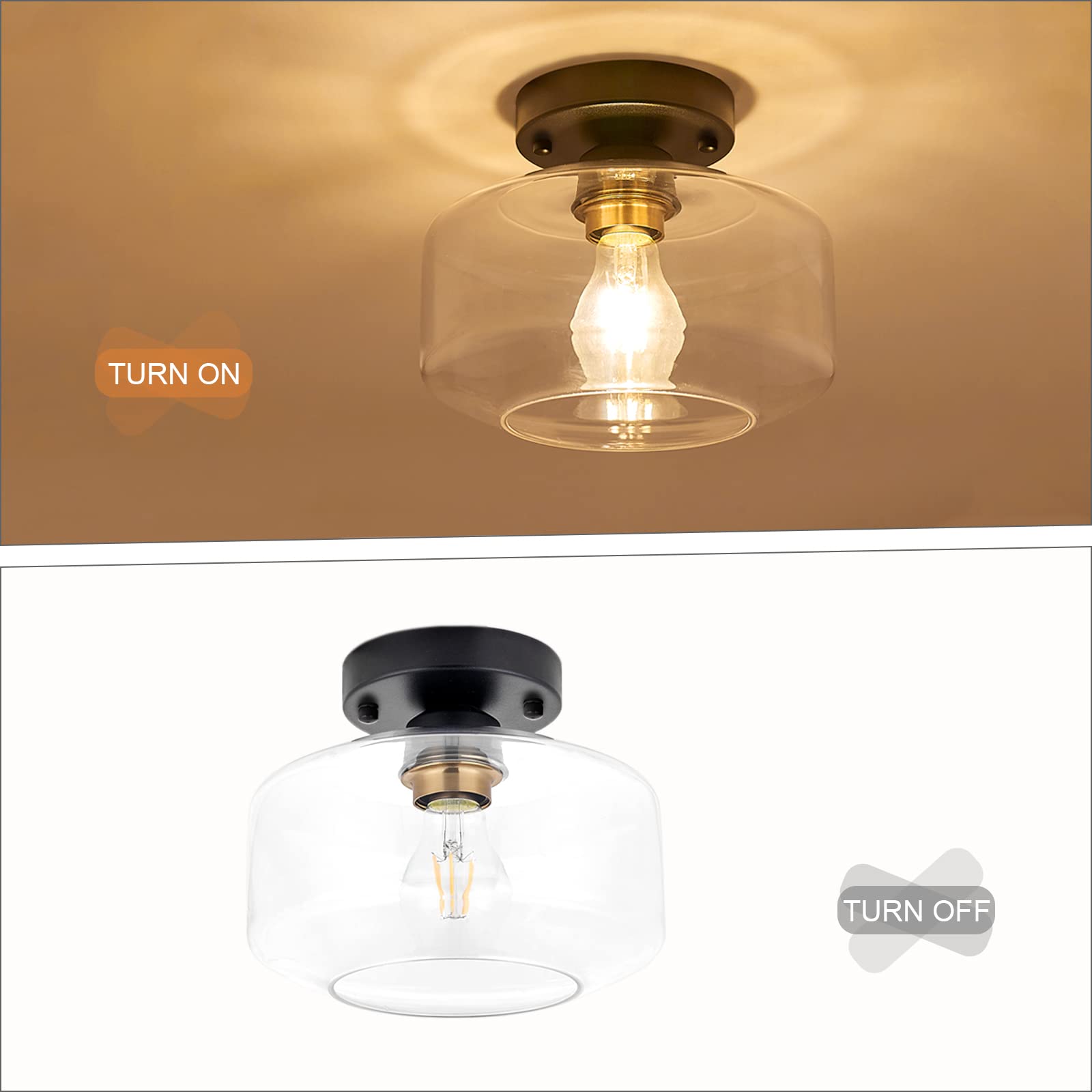 Semi Flush Mount Ceiling Light, 8.66" Clear Glass Shade, Brass Accent Socket, Modern Ceiling Light Fixture with Black Finish for Kitchen, Hallway, Entryway, Dining Room, Cafe, Bar