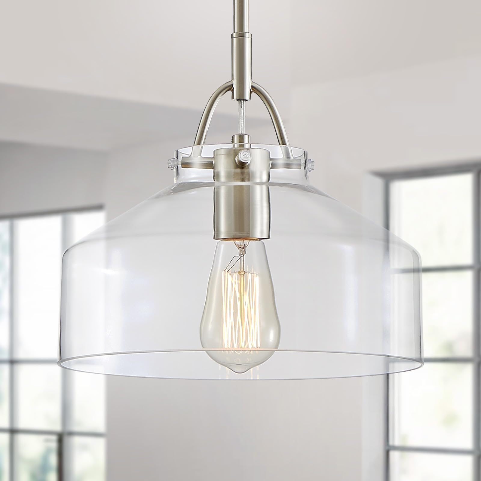 Chandelier Rustic Farmhouse Industrial Round Ceiling Pendant LED Light Fixture with Clear Glass Shades for Dining Room Kitchen Island Foyer Entryway, H 9.4" x W 10.6", E26 Base, Brushed Nickel