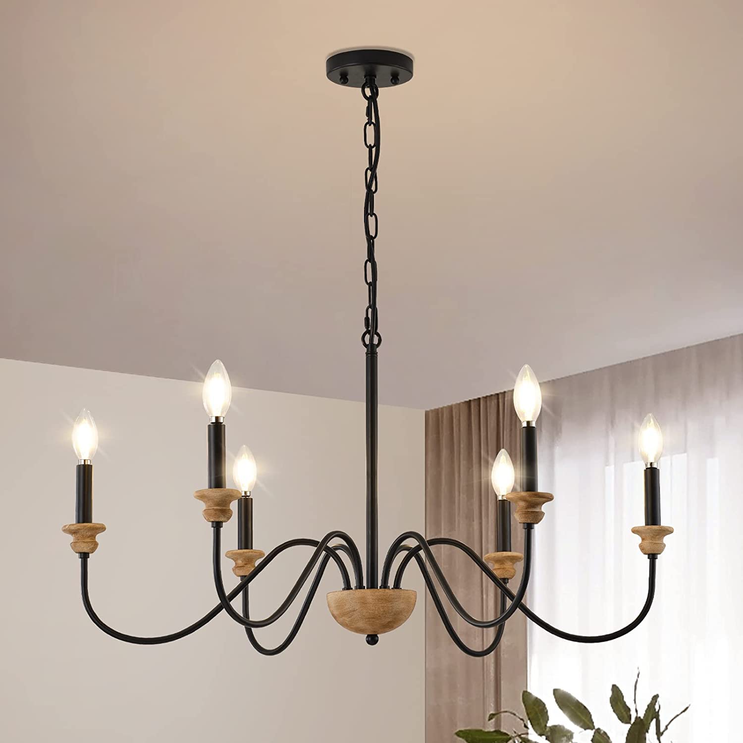 6-Light Wood Chandelier for Dining Room, Black Farmhouse Chandelier, Modern Light Fixtures Over Table, Rustic Candle Ceiling Chandelier for Living Room Bedroom Entryway Kitchen, 32.5" Diameter