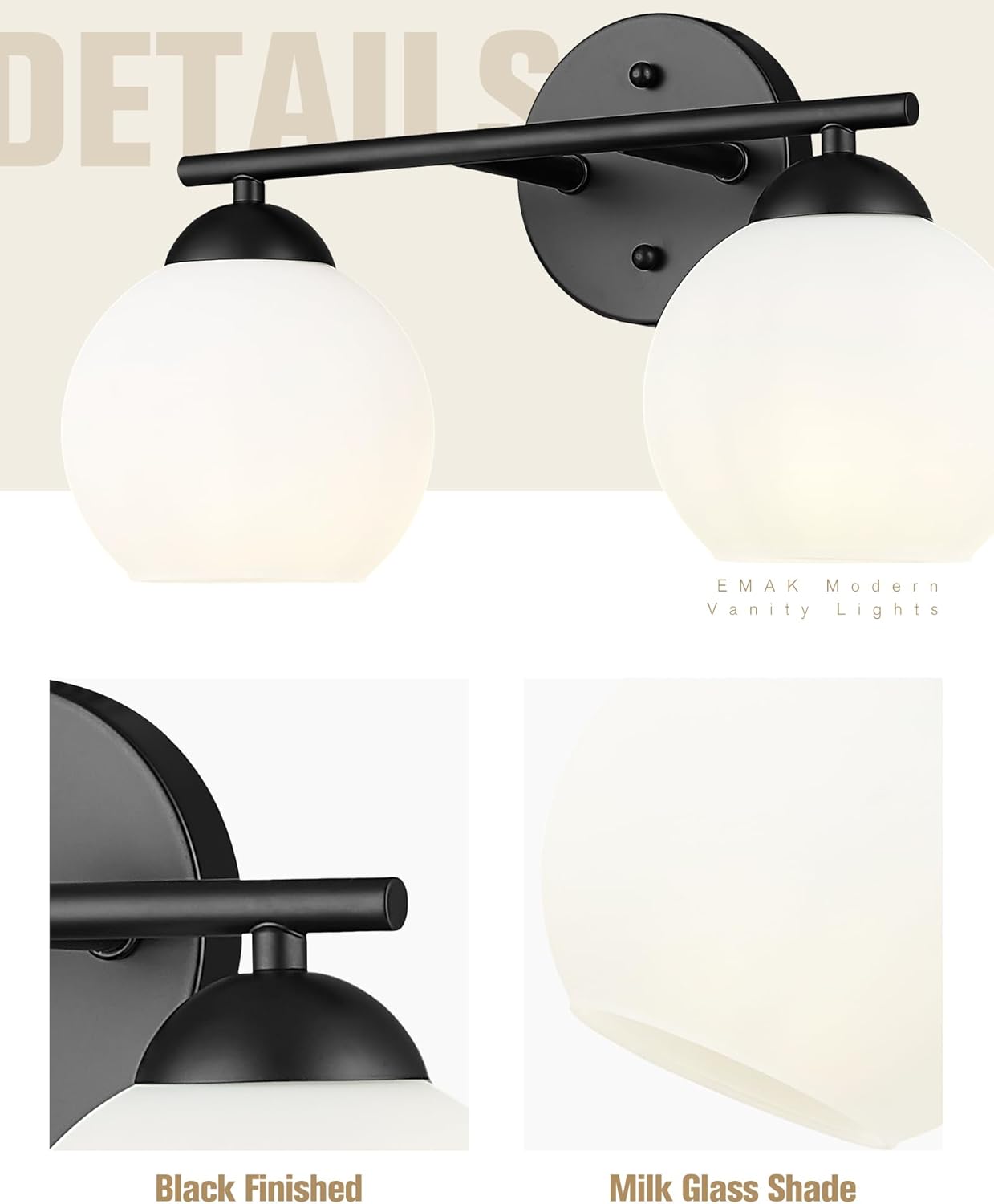 Black Vanity Lights for Mirror, Modern Farmhouse 2-Light Bathroom Light Fixtures Globe Bathroom Vanity Light with Milk Glass Shade, VL114-BK-ML-2