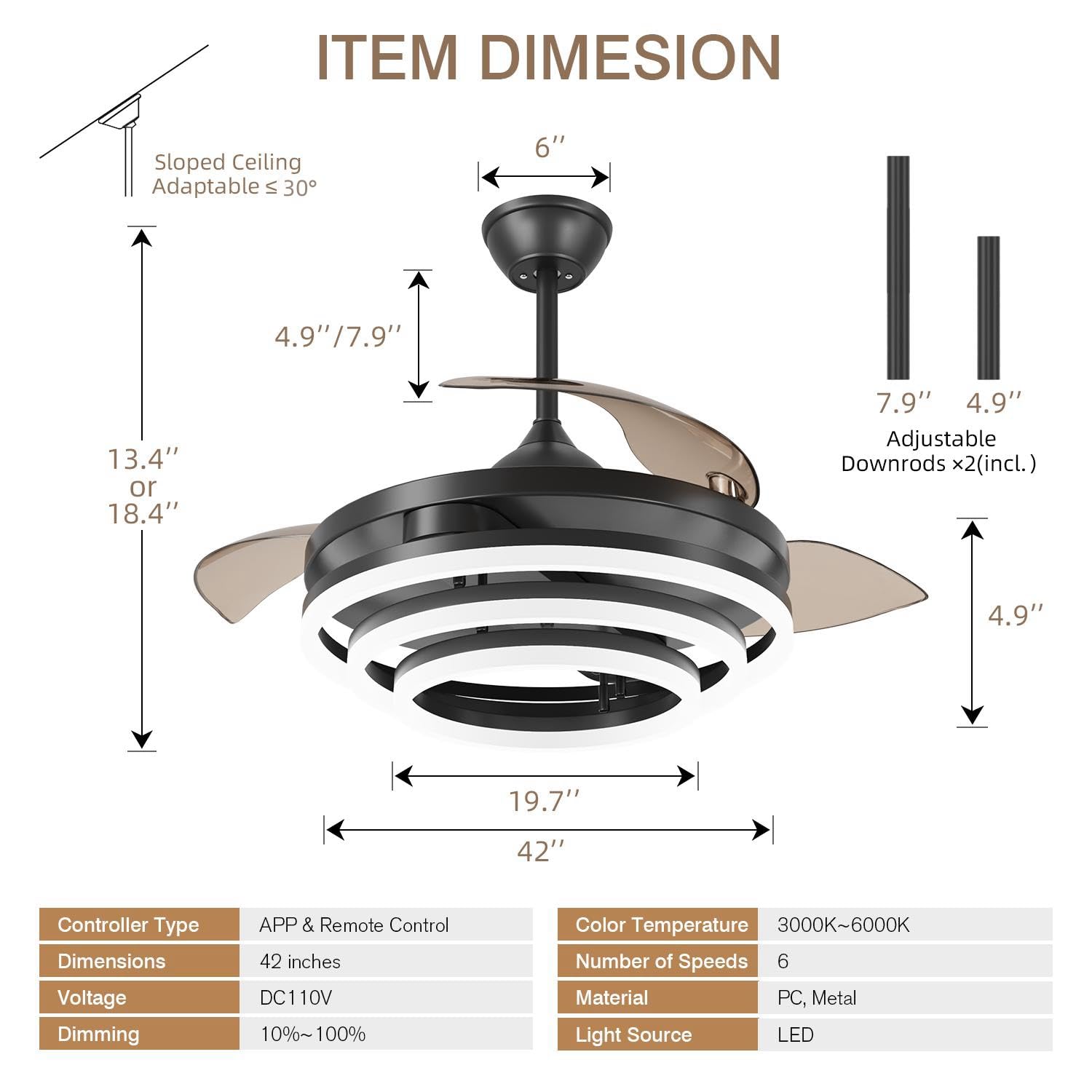 42 Inch Retractable Ceiling Fan, Chandelier Ceiling Fans with Lights, Silent DC Motor, 6 Speeds, 3 Color Changing for Bedroom Living Room (Gold)