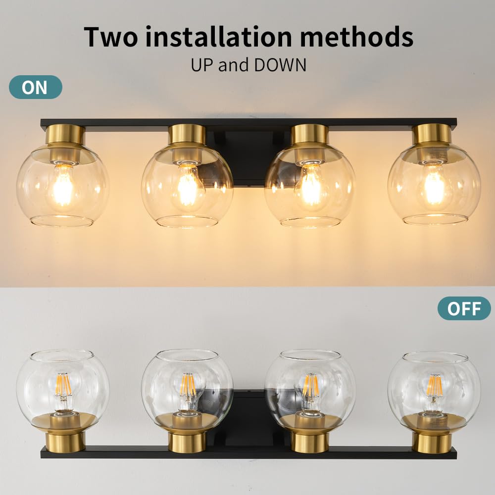 2 Light Black and Gold Vanity Lights for Bathroom Light Fixtures Over Mirror 13.7 in Clear Glass Shade Industrial Wall Sconce