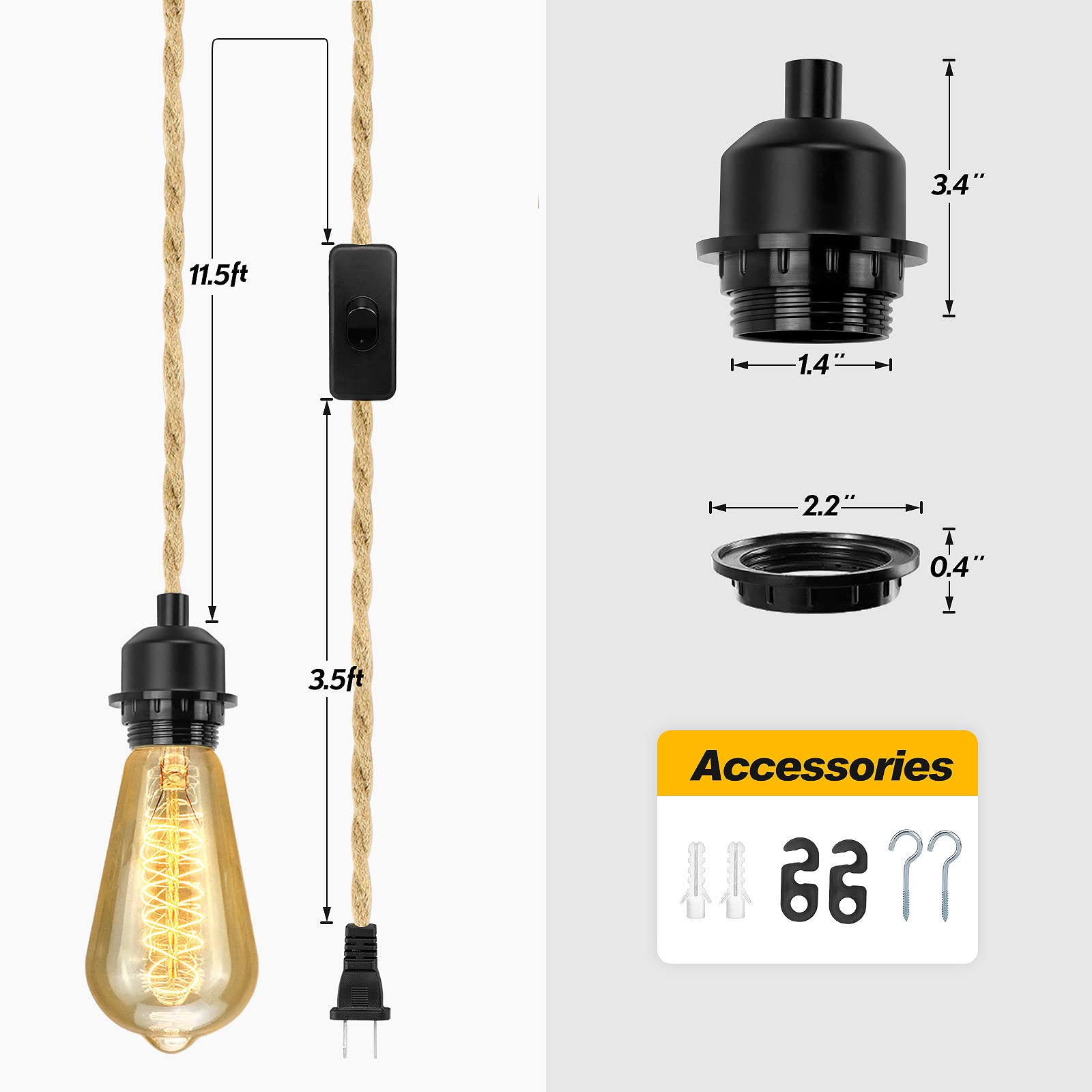 Plug in Pendant Light Cord, Farmhouse Hanging Lights with Plug in Cord, 15FT Hemp Rope Plug in Hanging Light Cord Kit with On/Off Switch, E26 E27 Light Socket Cord for Hanging Light