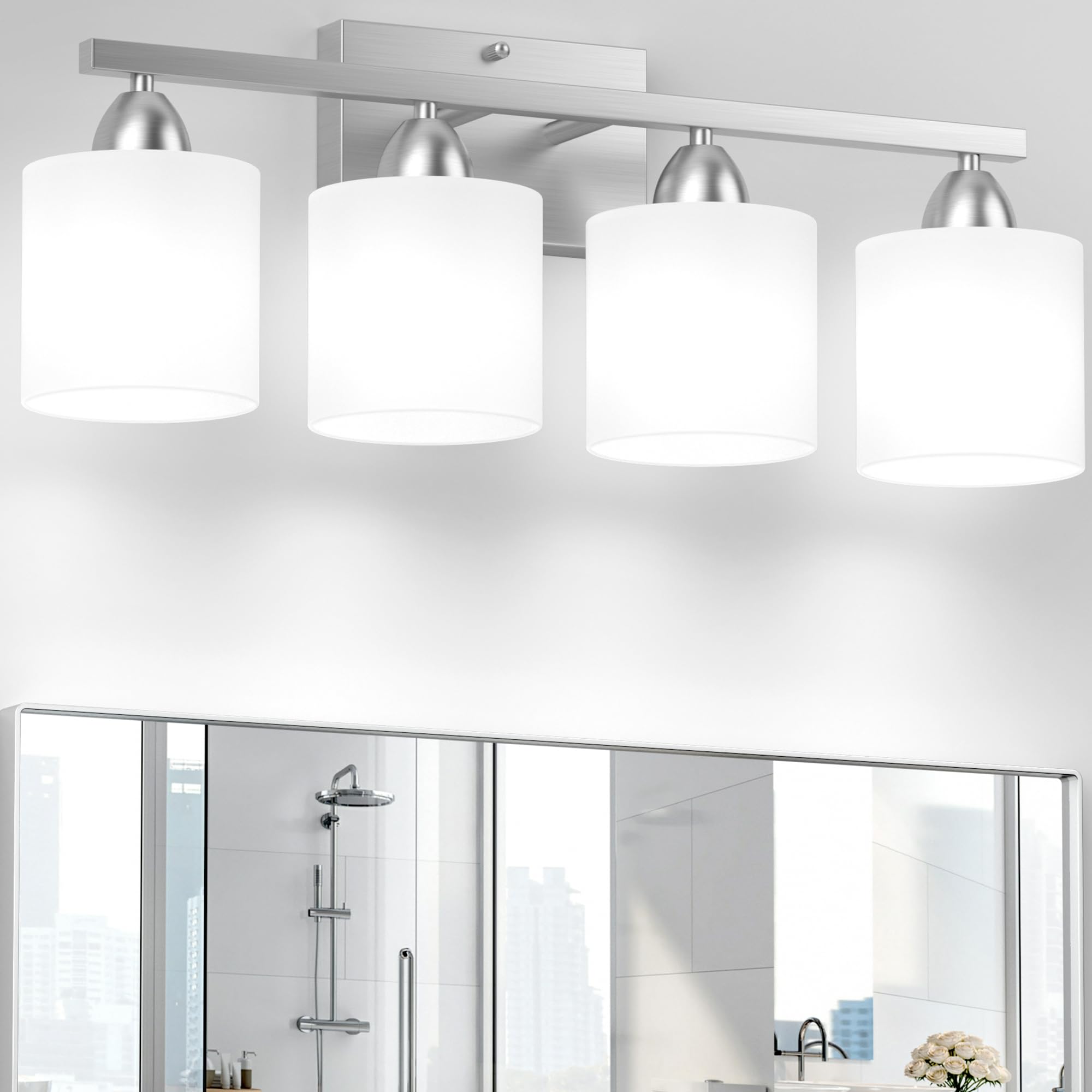 Bathroom Lighting Fixtures Over Mirror Brushed Nickel, Anti-Rust 3-Light Bathroom Vanity Lights, Modern 18Inches Wall Sconces E26 Base, Milky White Glass Shades, Bulbs Not Included