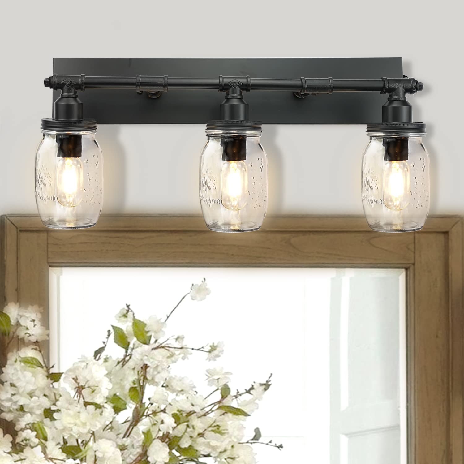 Bathroom Wall Light Fixtures, Industrial Mason Jar Vanity Light, Wall Sconce with Black Finish (3 Lights)