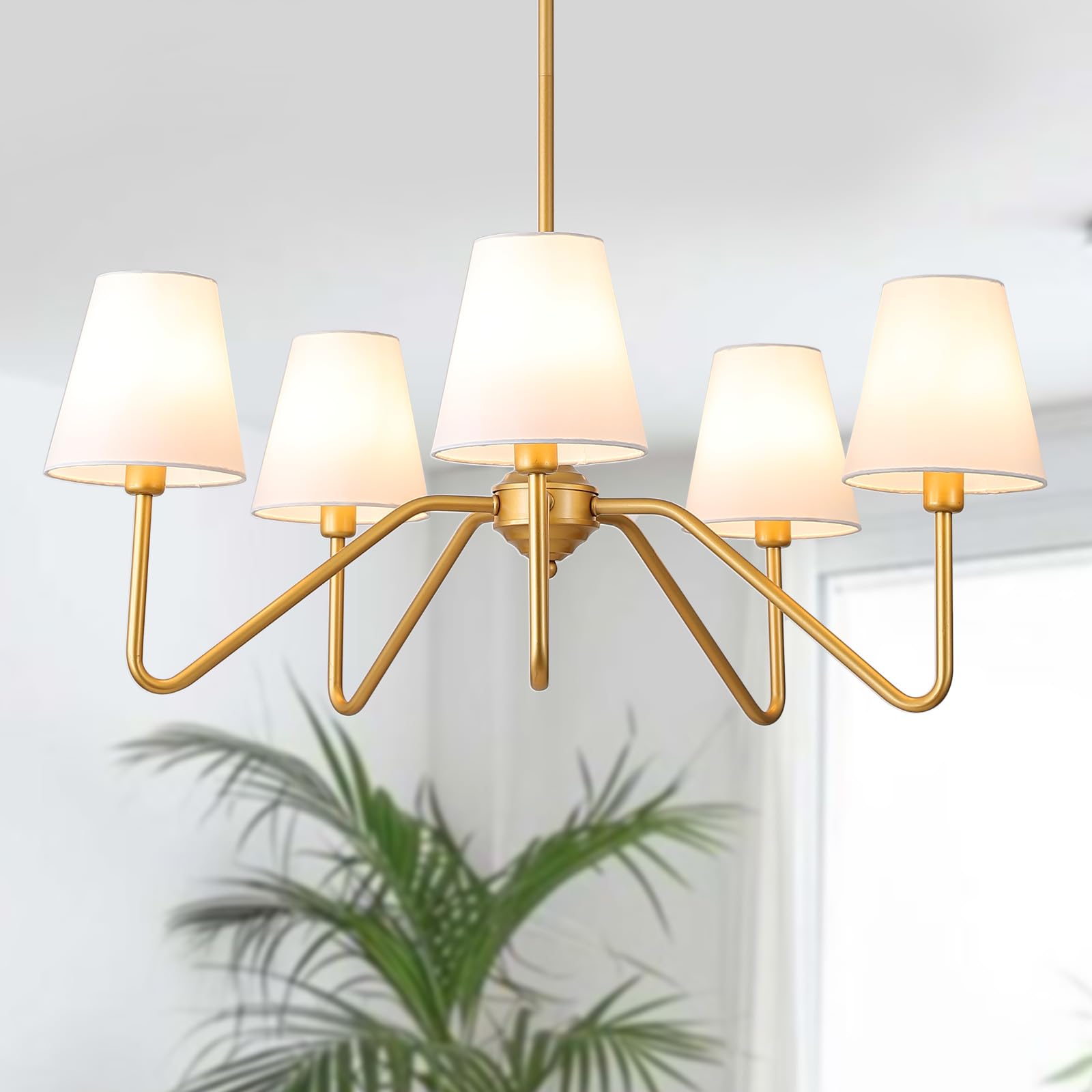 30.5" 5 Arms Gold Chandelier, 5 Lights Kitchen Island Lighting with White Fabric Shade,Dining Room Light Fixture for Hallway Entryway Foyer Living Room，E12.