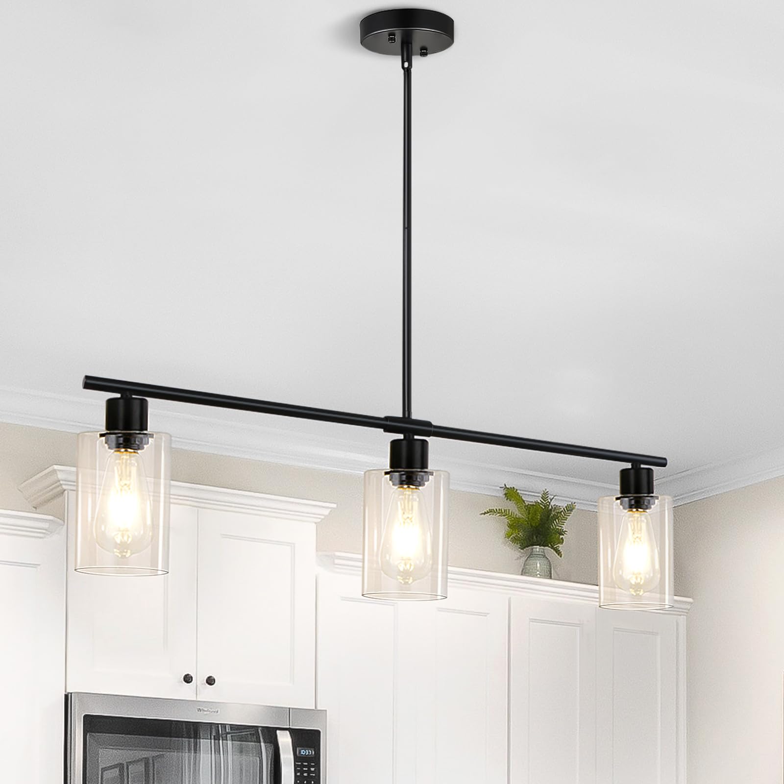 Kitchen Island Lighting, 3-Light Height Adjustable Farmhouse Chandeliers for Dining Room Light Fixture with Glass Shades, Kitchen Pendant Lighting Over Island, Black and Gold Chandelier