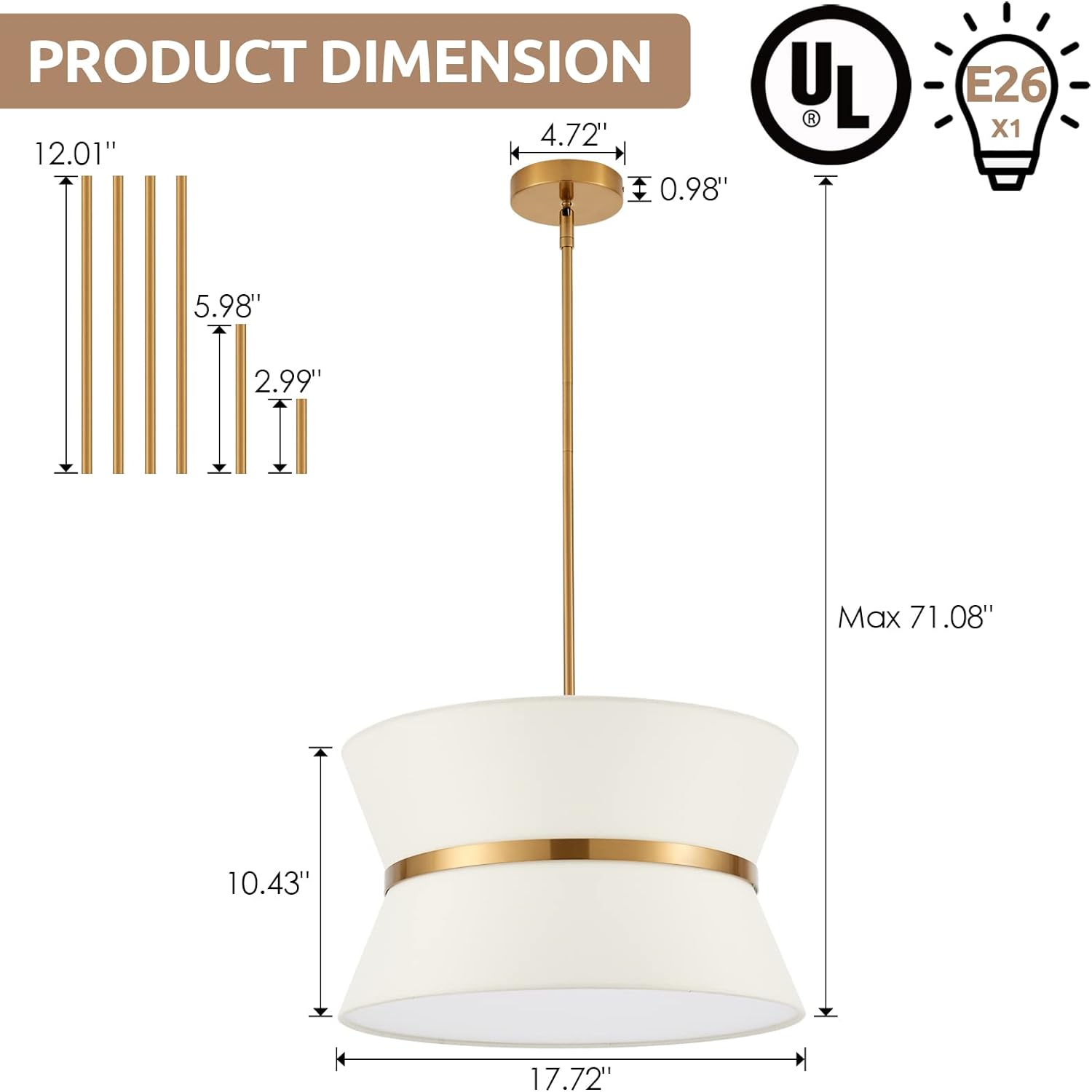 Modern Chandelier with Off-White Fabric Shade and Brass Finished Adjustable Pendant Light for Kitchen Island Living Room Bedroom Hallway, E26, Dia 18 Inch, UL Listed