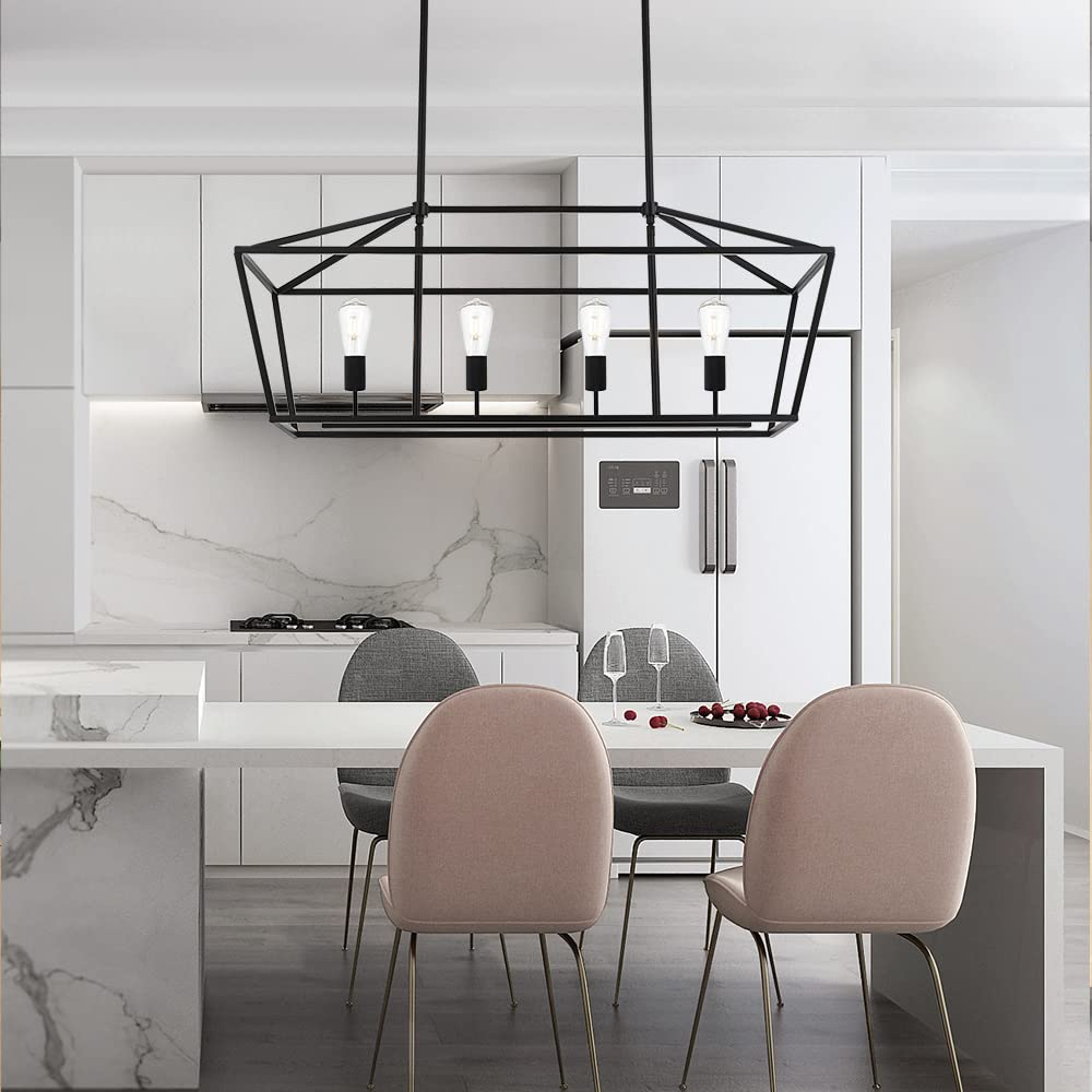 Modern 4 Light Farmhouse Chandelier Gold Linear Kitchen Island Pendant Light Traditional Rectangular Dining Room Lighting Fixture Hanging Metal Cage Pendant Lamp for Hallway Foyer