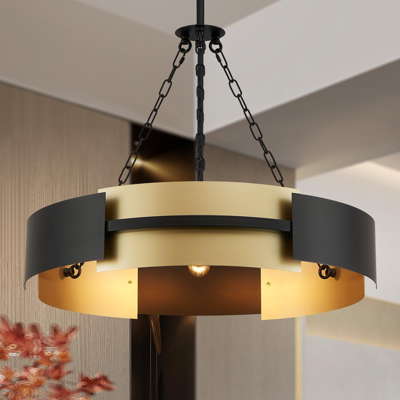 26-Inch Modern Chandelier Industrial High Ceiling Light Fixture Black and Gold Large Drum Pendant Lighting for Dining Room Kitchen Living Room Foyer Height Ajustable 5-Light