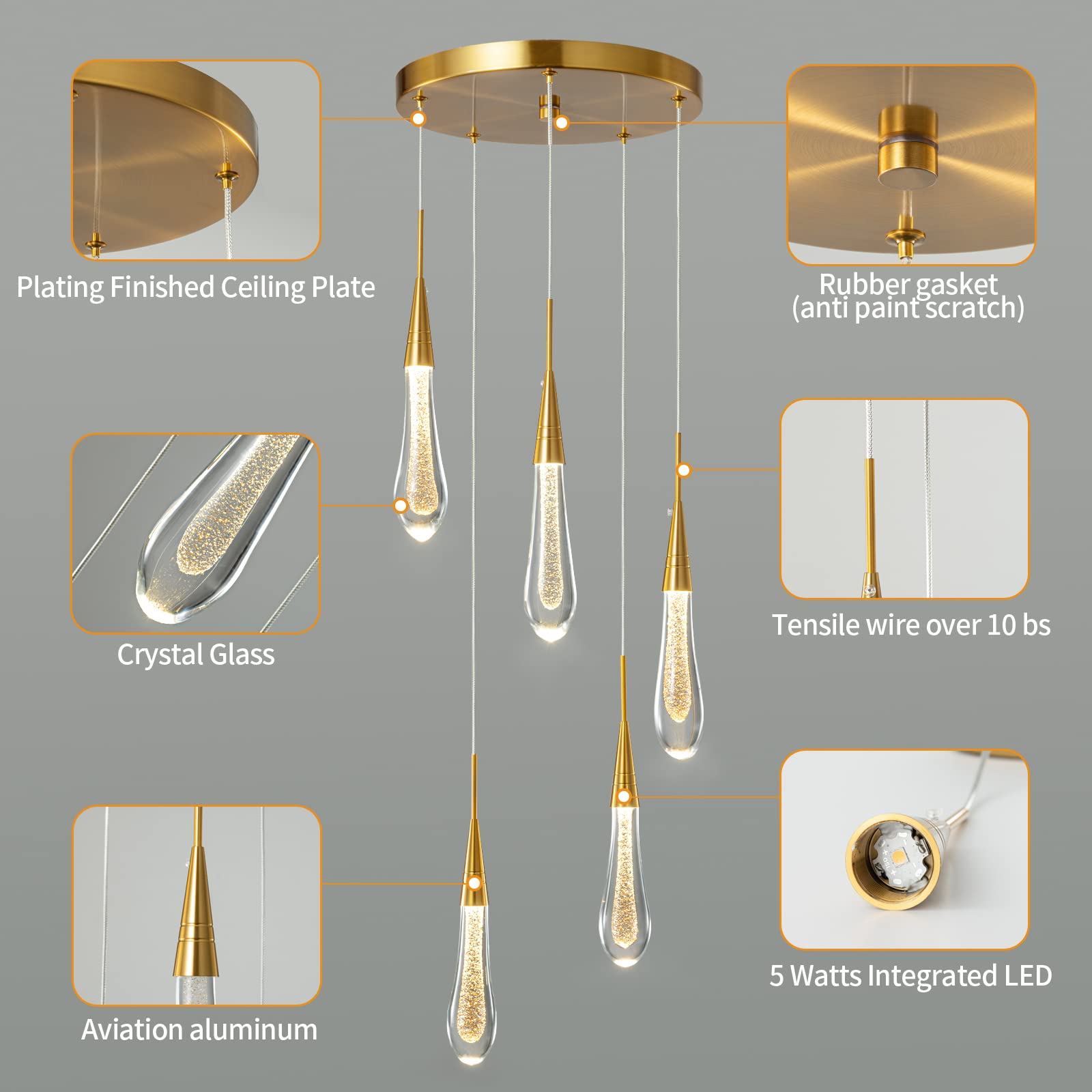 Kitchen Light Fixtures Ceiling Dimmable LED Modern Gold Pendant Light Mini Teardrop Crystal Pendant Light for Kitchen Island Bedroom Hallway Entryway (5-Light)