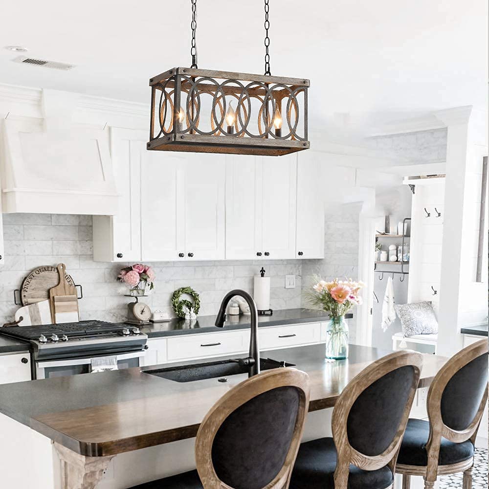 Kitchen Island Light Fixtures Dining Room Distressed White Rectangular Modern Farmhouse Chandelier, 3-Light Metal Rustic French Country Pendant Lighting Ceiling Light Hanging Lamp, No Wood