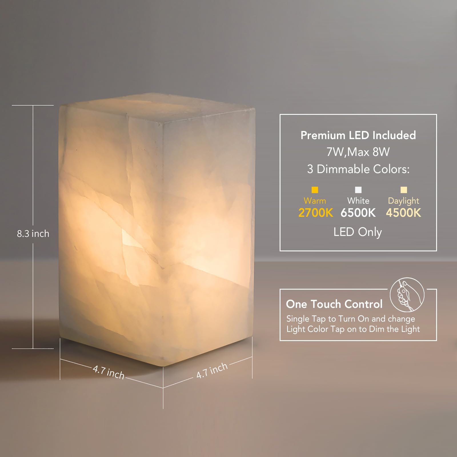 Natural Solid Stone Table Lamp with One-of-a-Kind Crystal Texture, Small Accent Lamp with 3 Colors Dimmable LED, Unique Lamp for Bedroom Living Room, Cuboid White